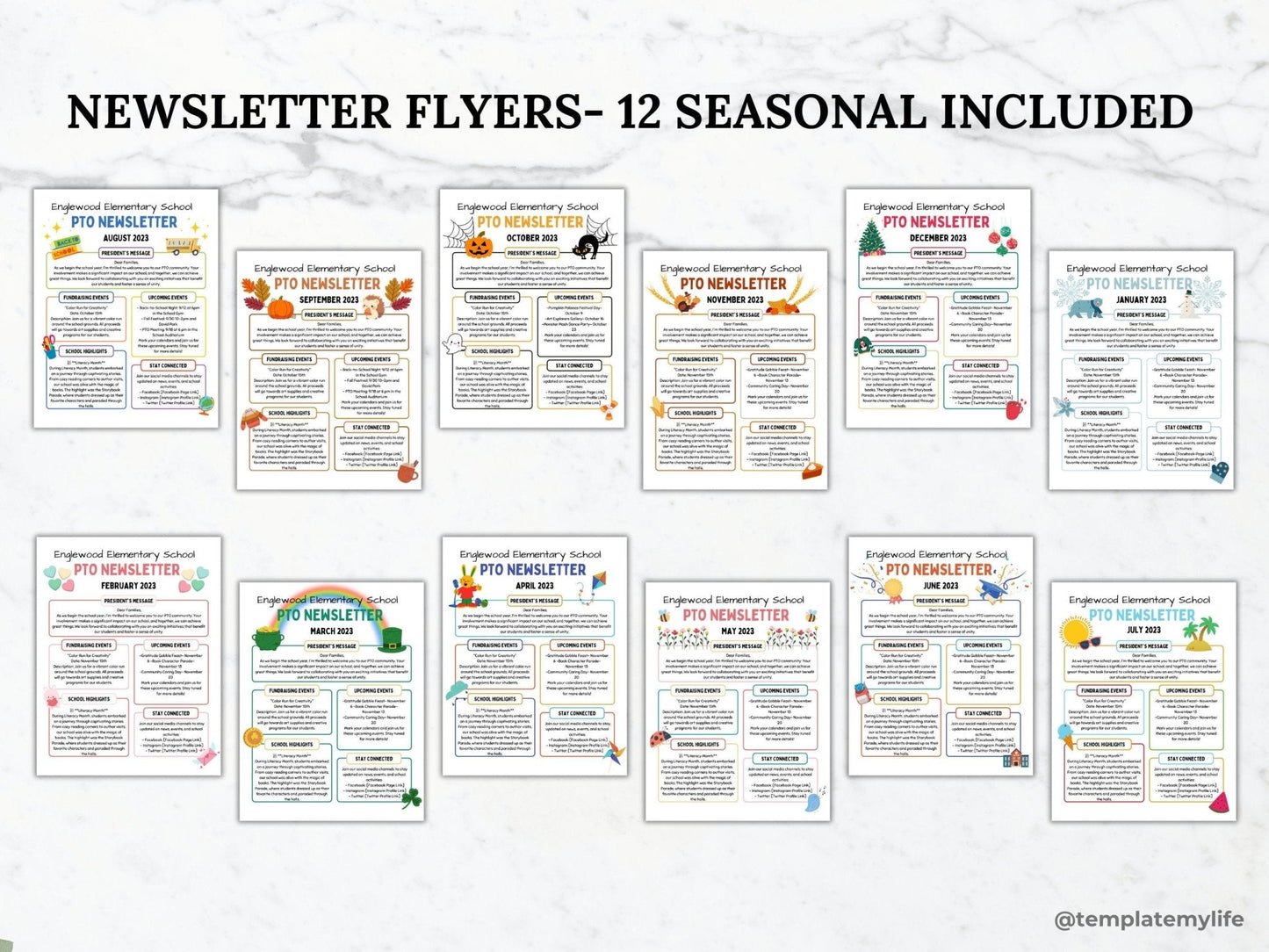 12 seasonal PTA newsletter flyer templates. Back to school, Fall, Halloween, Thanksgiving, Christmas, Winter, Valentine's Day, St. Patricks Day, Easter, Spring, Graduation and Summer Newsletter designs for PTO or PTA