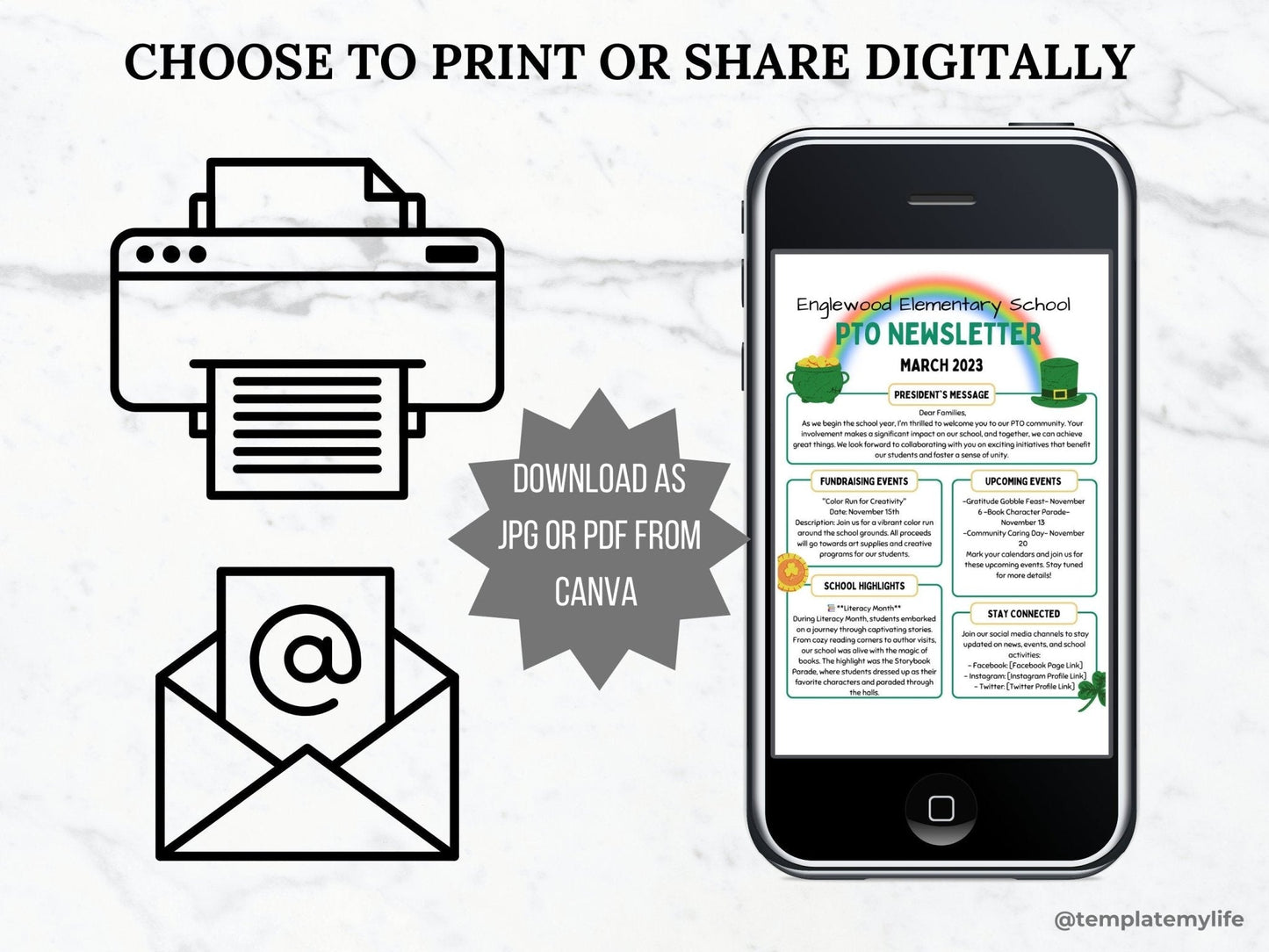 PTO Newsletter shown digitally on a phone to display that product can be used both printed and digitally