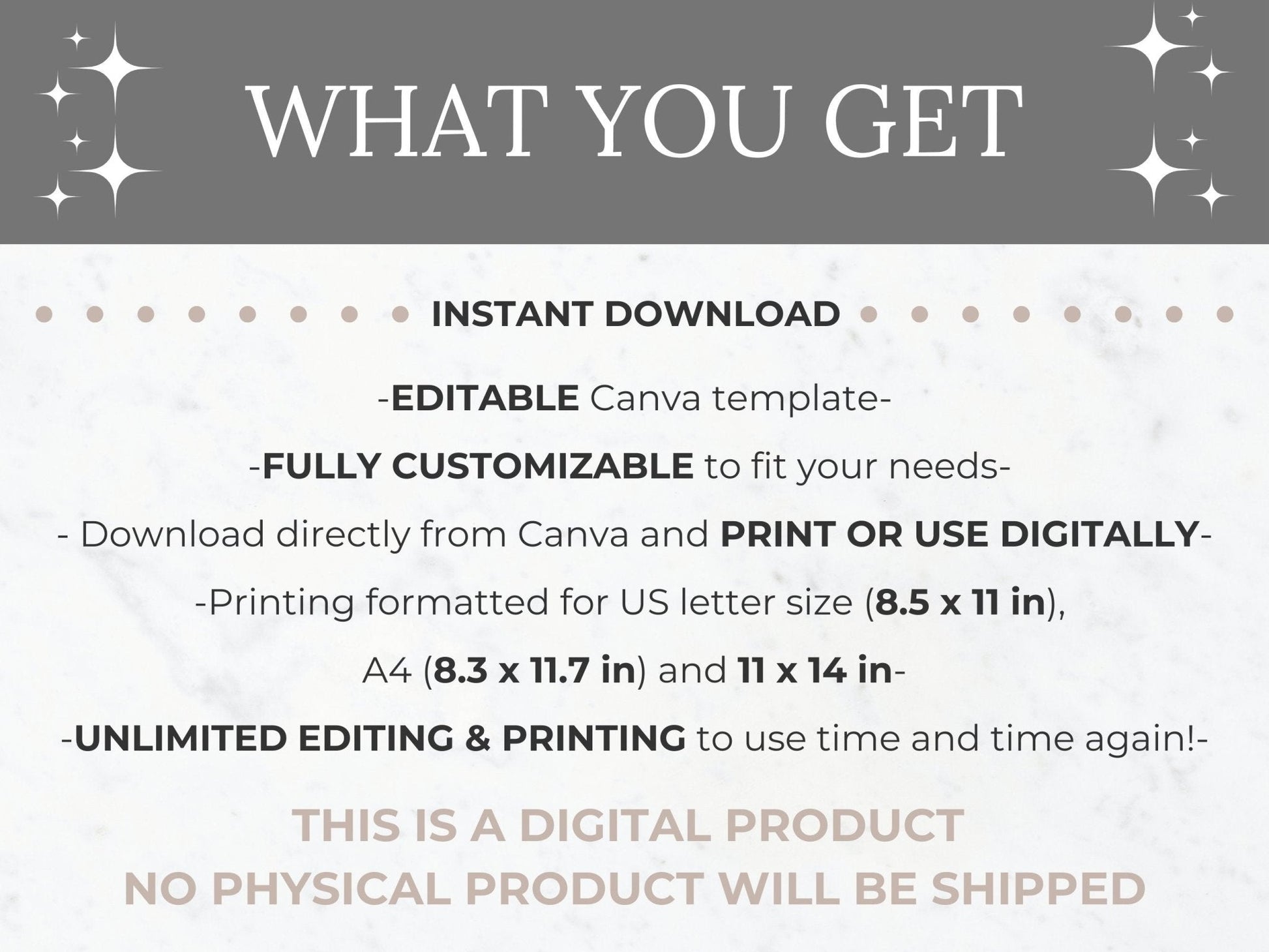 Summary of what you get with purchase. A fully customizable Canva template in US Letter size (8.5 x 11 inch), A4 size and 11 x 14 inch to be used printed or digitally with unlimited editing and printing