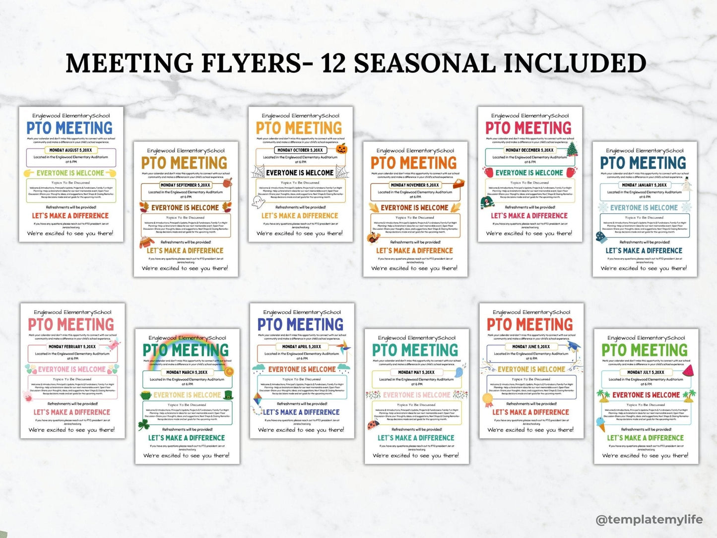 Seasonal PTO PTA Meeting flyer templates. Back to school, Fall, Halloween, Thanksgiving, Christmas, Winter, Valentine's Day, St. Patricks Day, Easter, Spring, Graduation and Summer Meeting Agenda designs for PTO or PTA