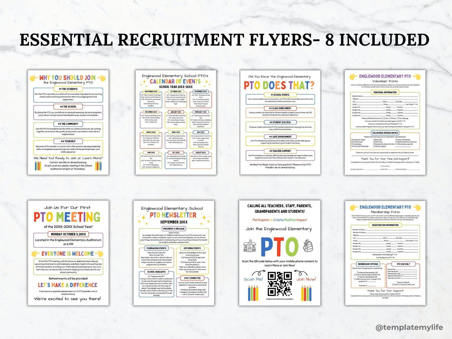 PTO PTA recruitment flyers including why you should join the PTO, calendar of events, PTO does that flyer, PTO volunteer form, PTO membership form, PTO meeting flyer, PTO newsletter and QR code flyer for sign up