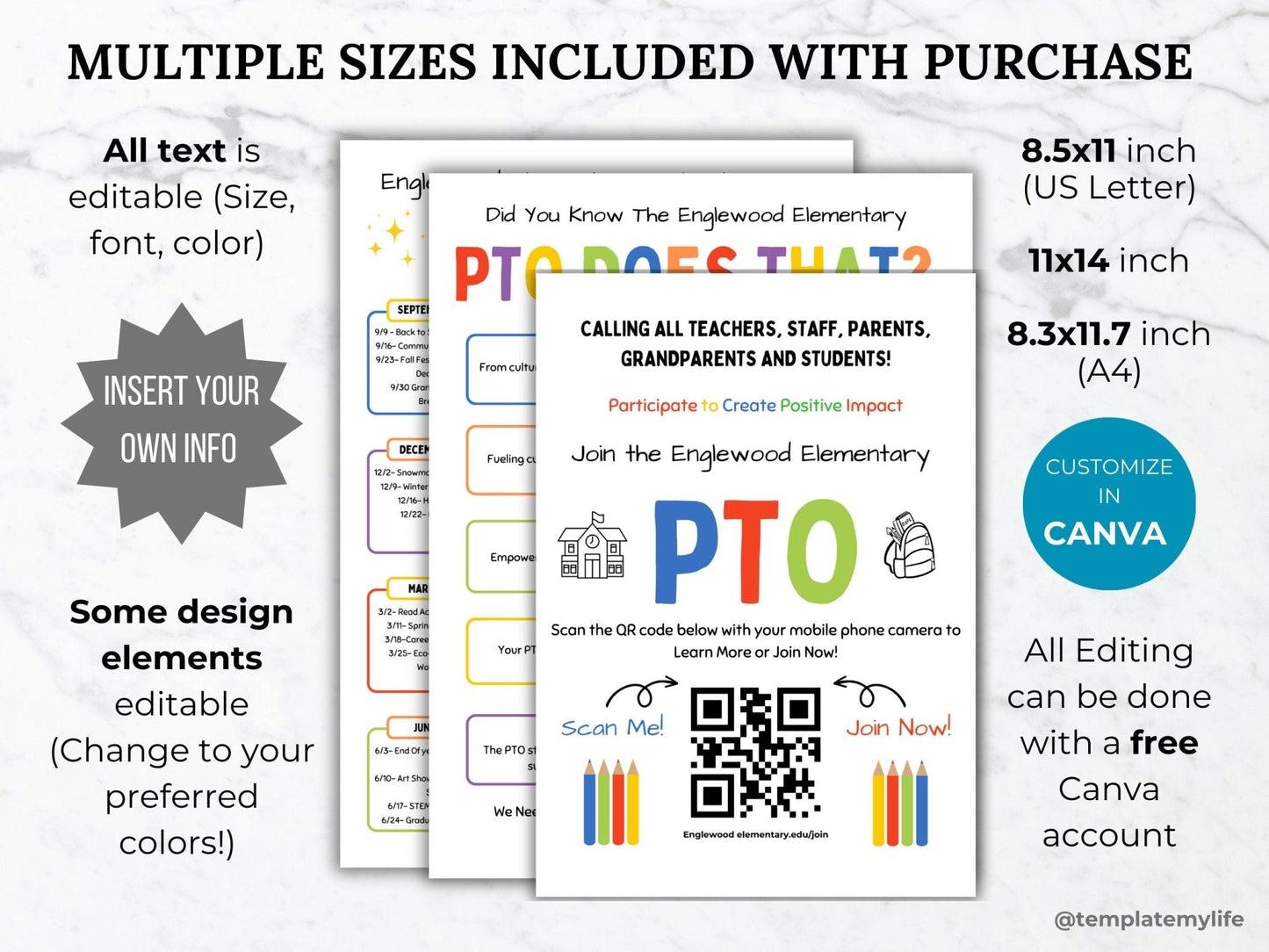 Display of PTO PTA recruitment flyers shown available in multiples sizes including us letter size, a4 size and 11x14 inch size. These templates are completely customizable with a free canva account