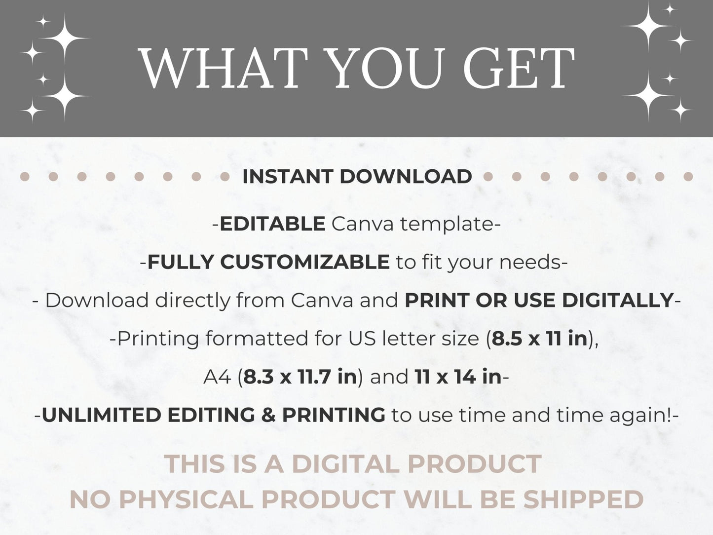 photo stating what is included with purchase: fully customizable canva template in US letter size (8.5 x 11 inch), 11 x 14 inch, A4 size that can be printed or used digitally with unlimited editing and printing