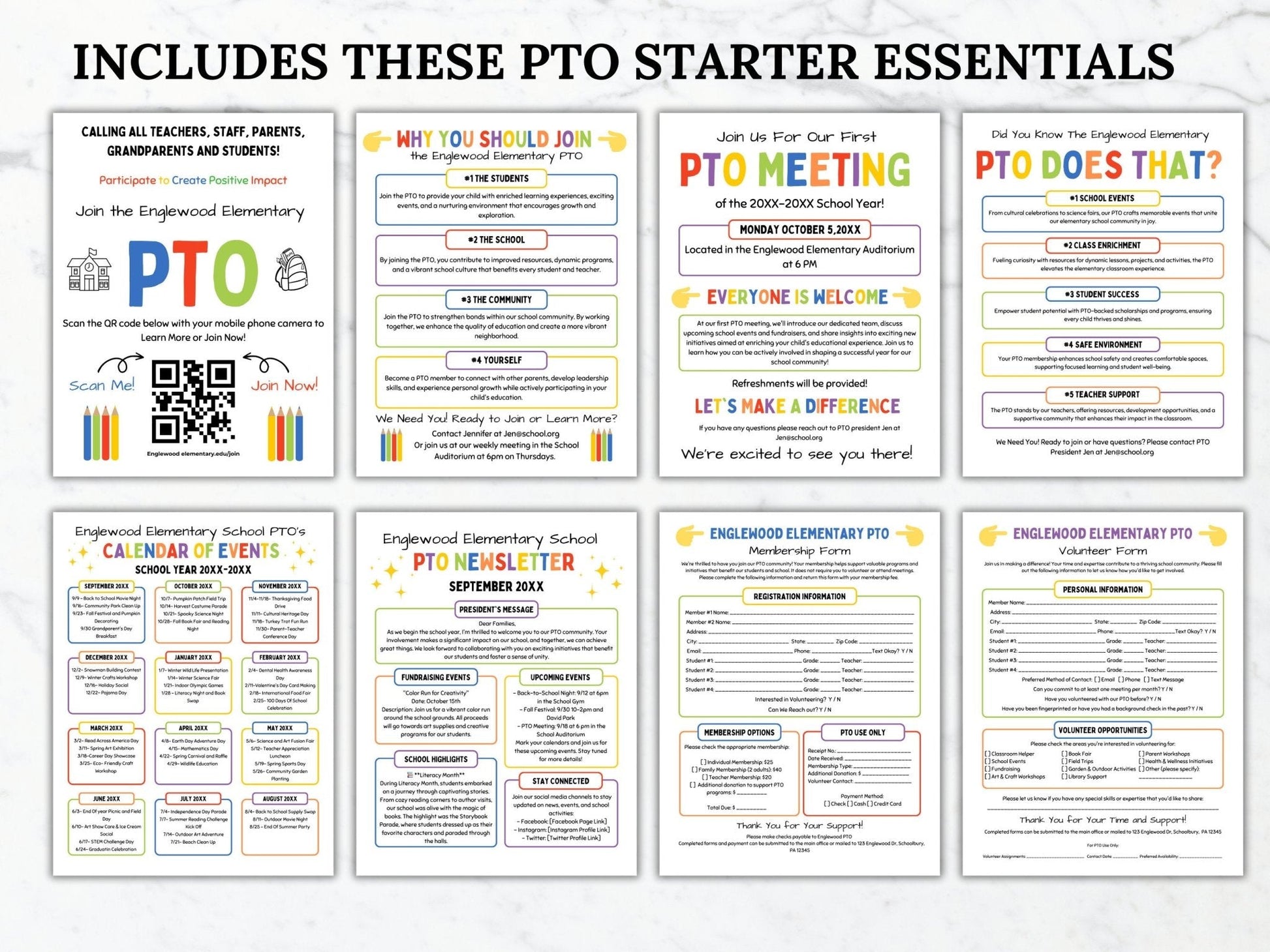 Shows the 8 PTO PTA templates included: join the PTO QR Code flyer, why you should join the PTO flyer, meeting flyer, PTO does that flyer, calendar of events, newsletter flyer, membership sign up form and volunteer sign up form