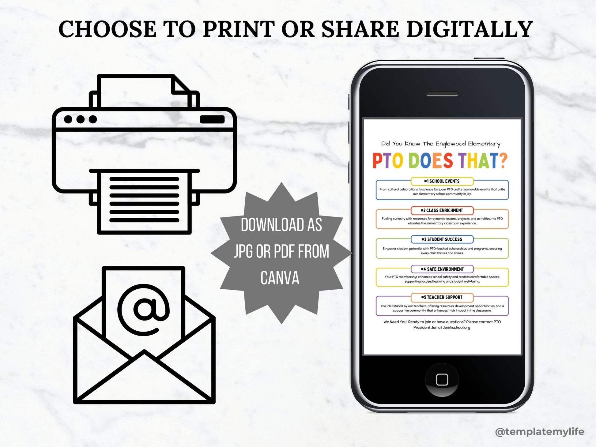 PTO Does that flyer shown can be downloaded as JPG or PDF from Canva once edited and used printer or digitally