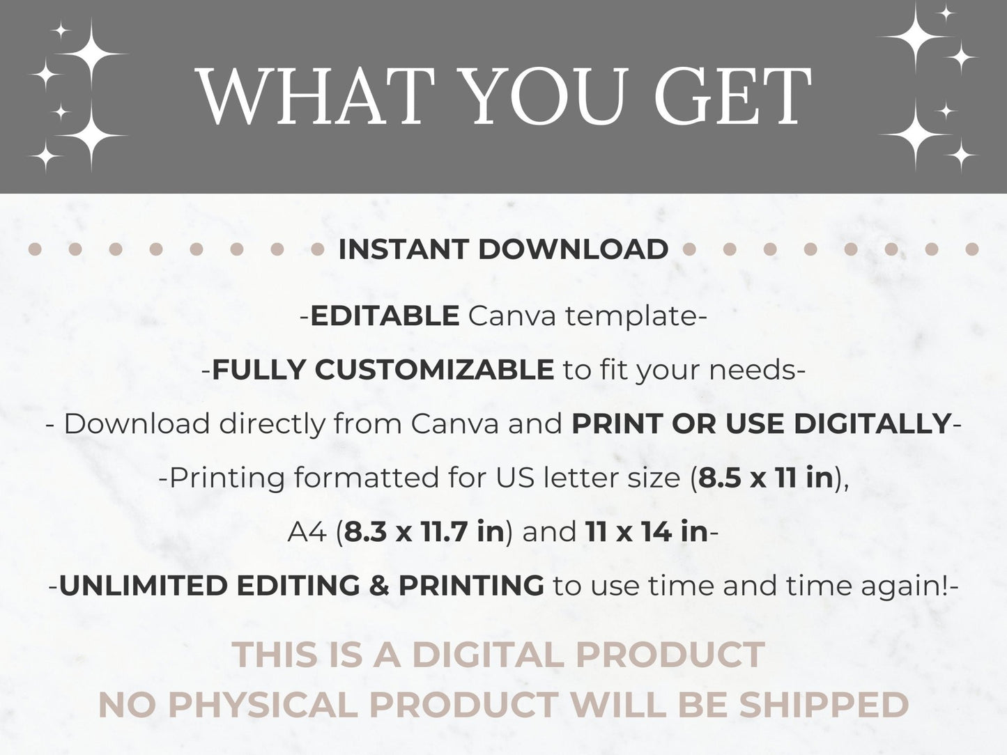 Photo stating what is included with purchase: a fully customizable canva template that can be used either printed or digitally in size 8.5 x 11 inch, 8.3 x 11,7 inch and 11 x 14 inch with unlimited editing and printing