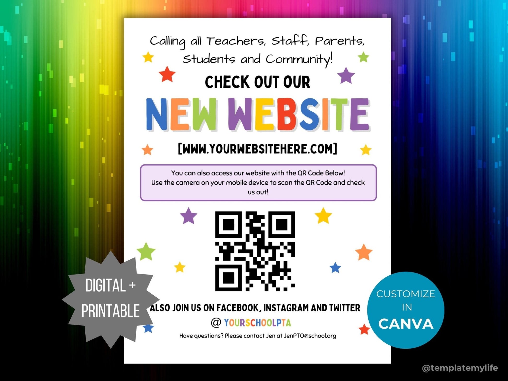 Cover photo for colorful new website launch flyer with QR Code