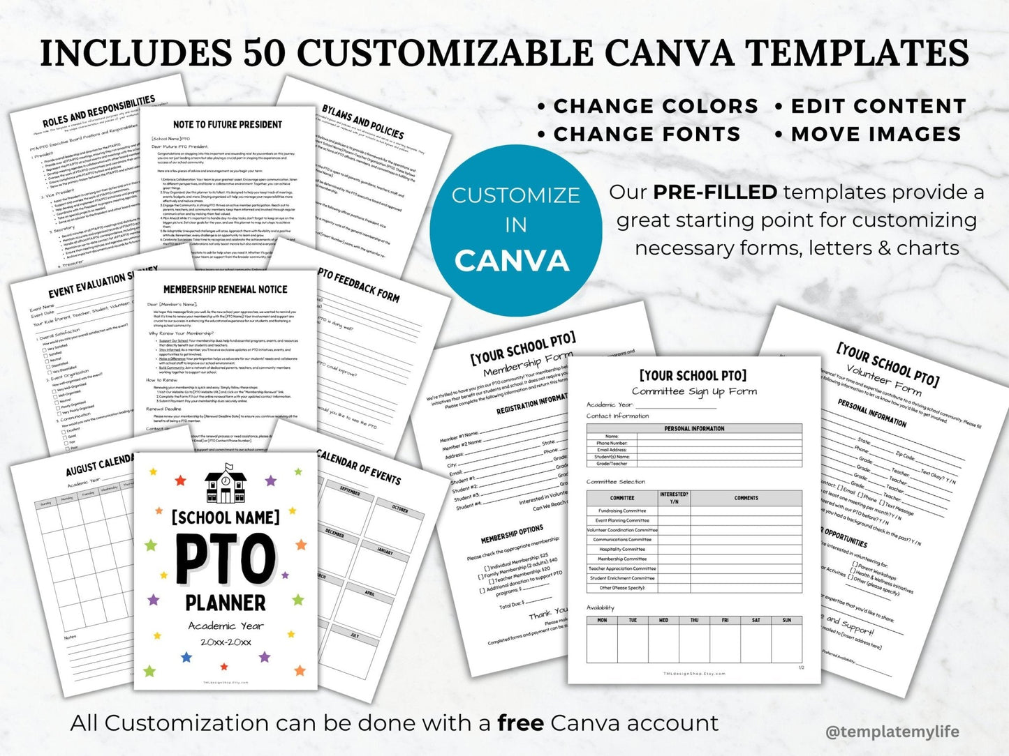 photo showing example of a few pages of the 50 editable canva templates within this PTO PTA Planner available that are Pre-filled and easy to edit with a free canva account