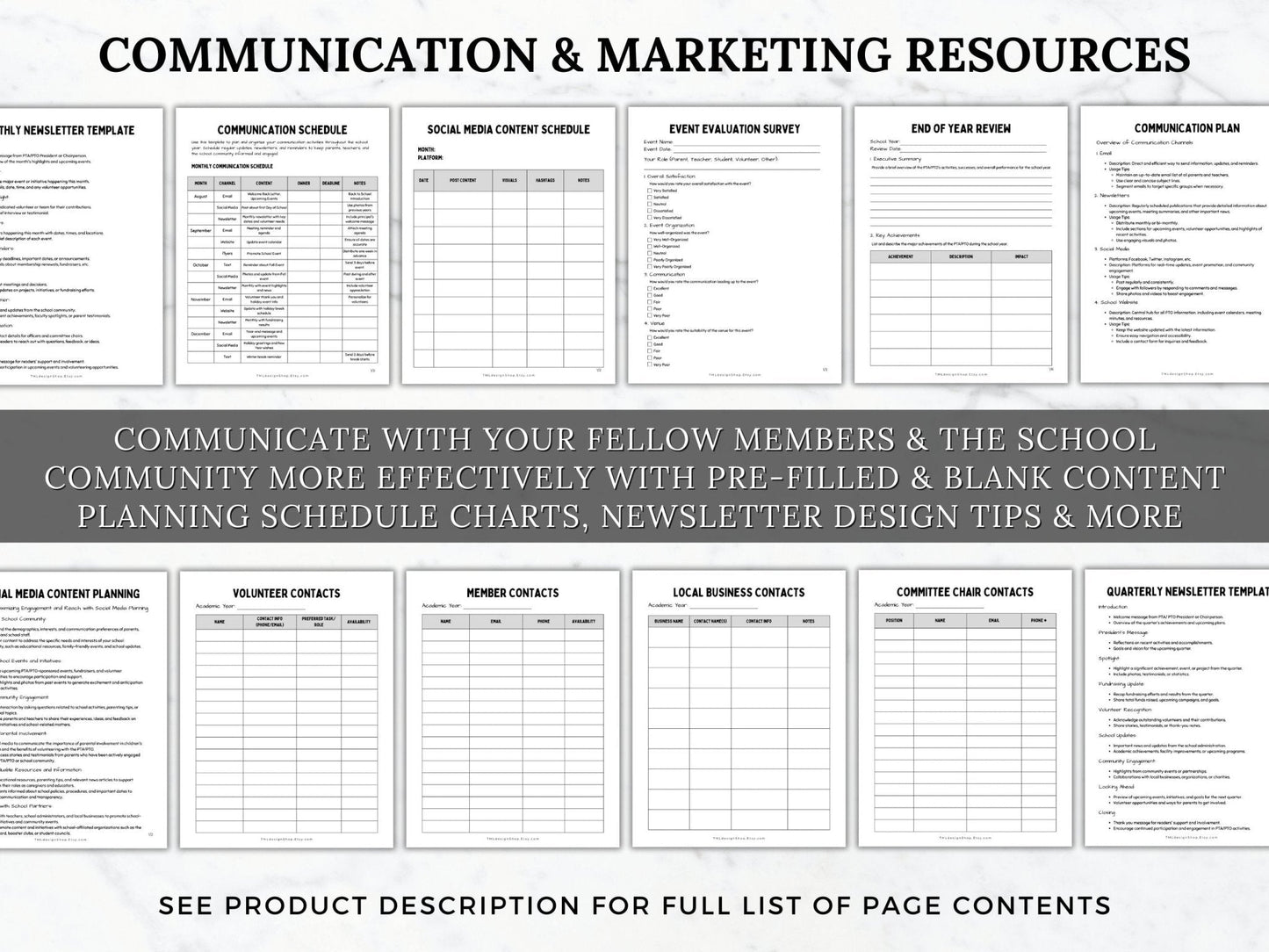 Communication and marketing resource pages included in this PTO PTA Planner such as pre-filled and blank planning schedule chars, newsletter design tips and more for PTO and PTA