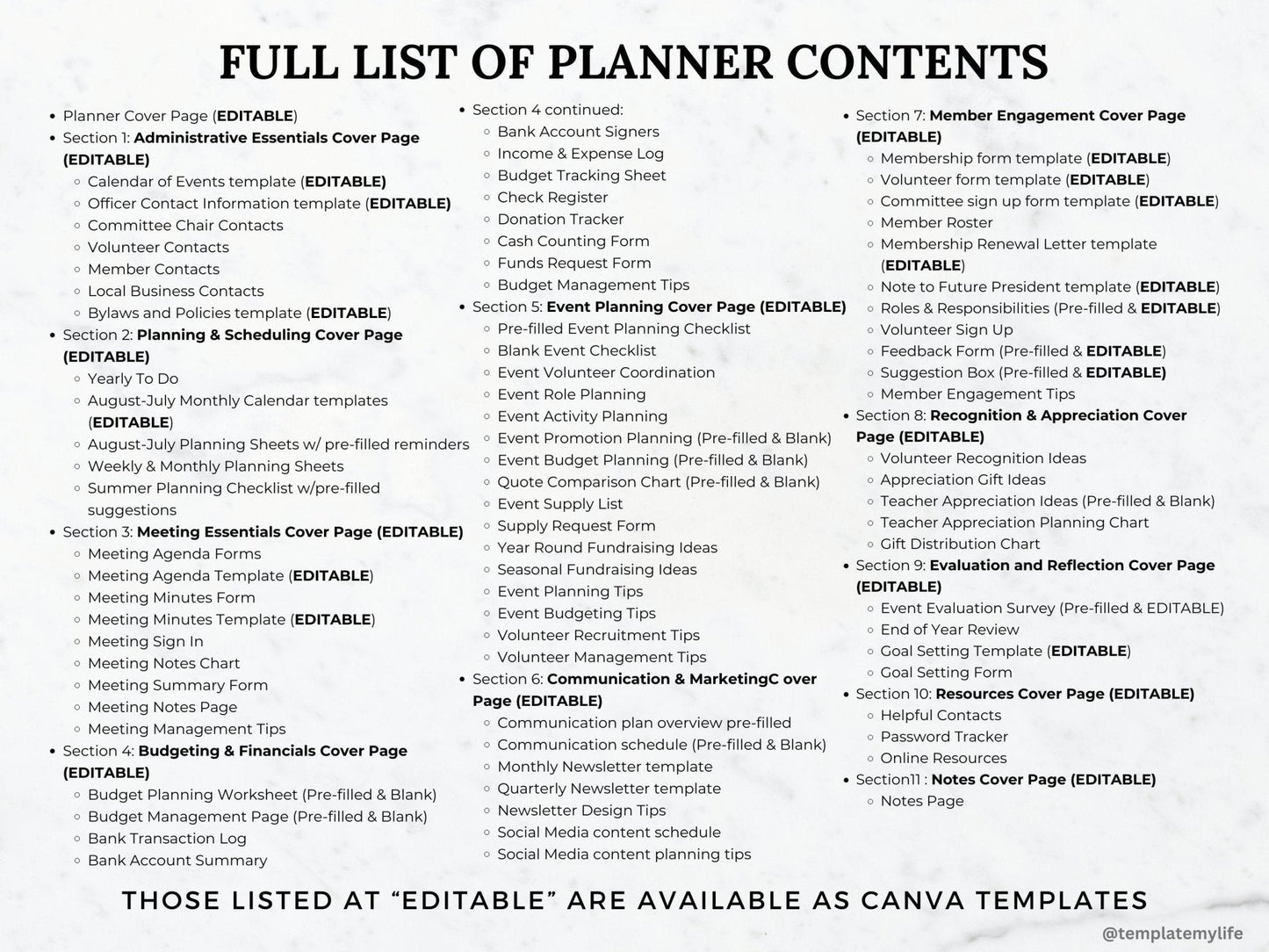 Listing of full contents included within this PTO PTA Leader and President Planner