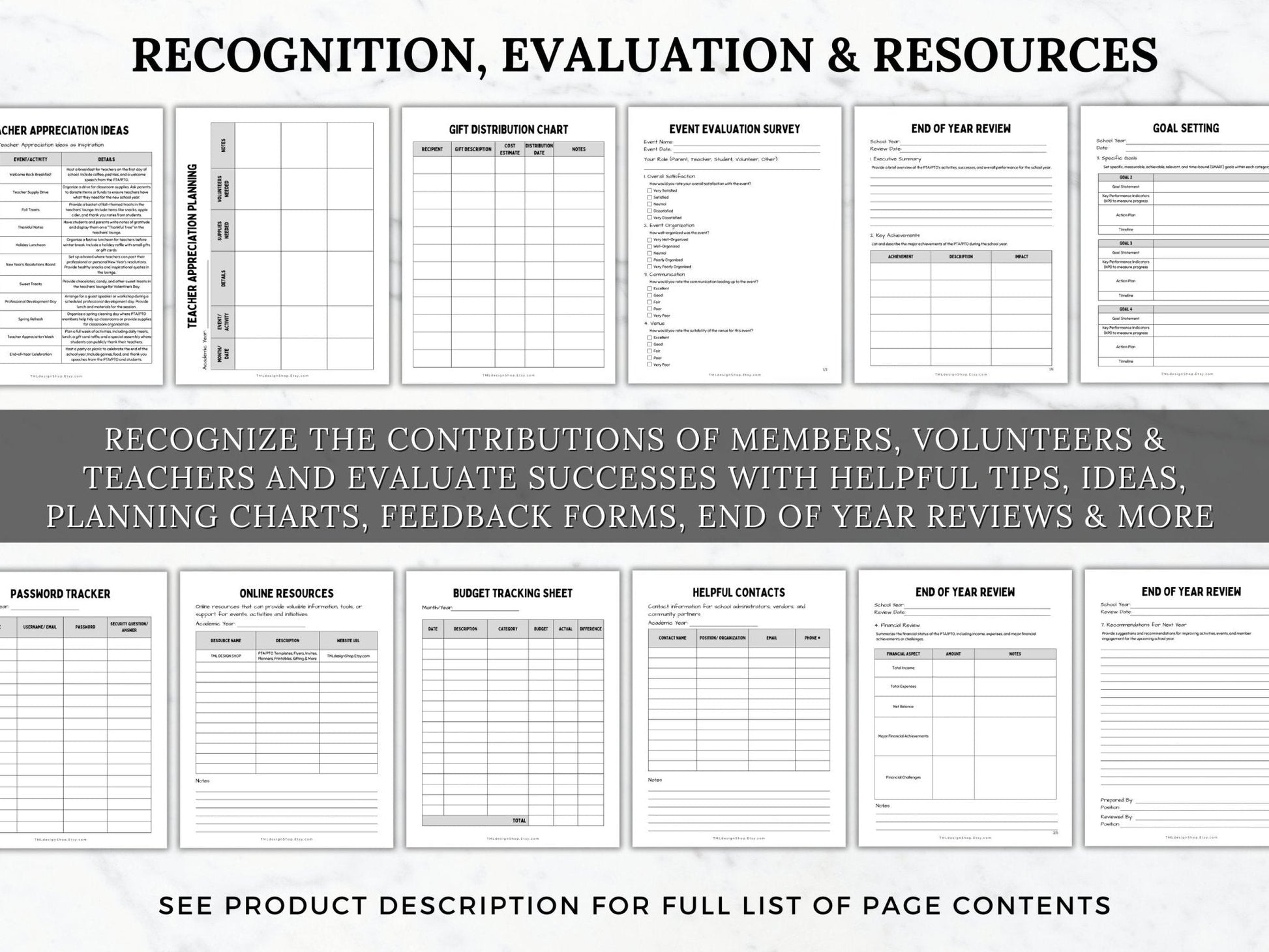 Recognition, evaluation and other resources included in this PTO PTA Leader and President Planner to help recognize the contributions of members, volunteers and teachers, evaluate success. Includes helpful tips, ideas, planning chats, feedback forms, end of year reviews and more for PTO and PTA