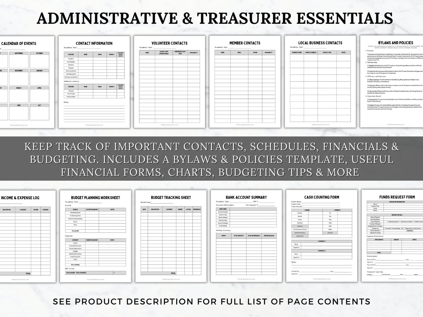 Showing administrative and treasurer pages within this PTO PTA Planner such as contact list, schedules, financial and budgeting sheets and trackers, an example bylaws & policies template, financial forms, budgeting tips and more for a PTO or PTA