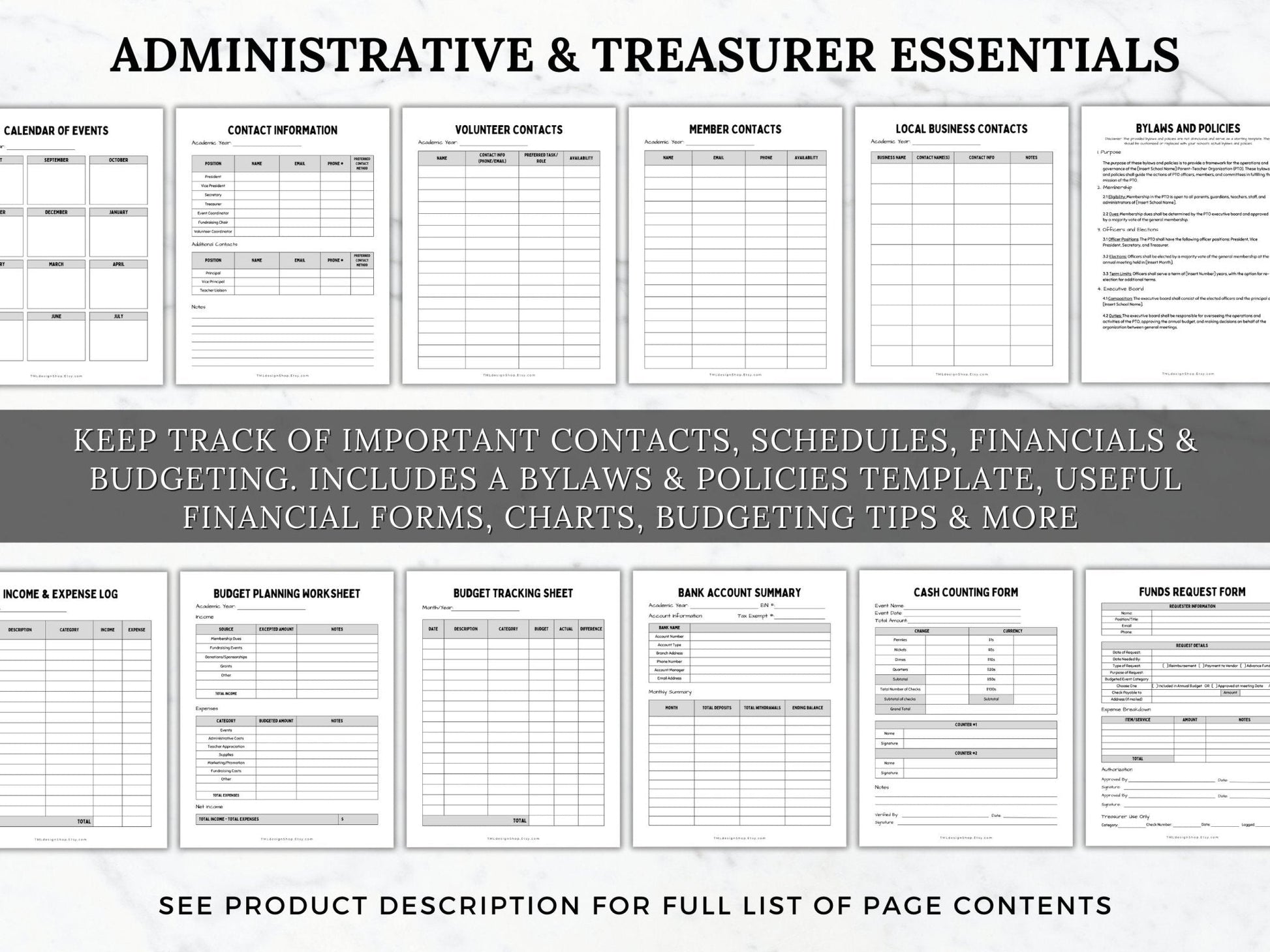 Showing administrative and treasurer pages within this PTO PTA Planner such as contact list, schedules, financial and budgeting sheets and trackers, an example bylaws & policies template, financial forms, budgeting tips and more for a PTO or PTA