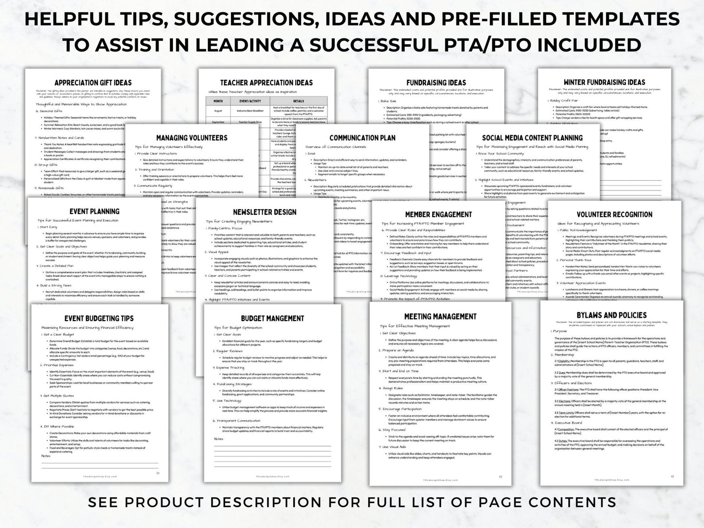 Pages that include helpful tips, suggestions, ideas and pre-filled templates to assist in leading a successful PTO or PTA are included within this planner template printable