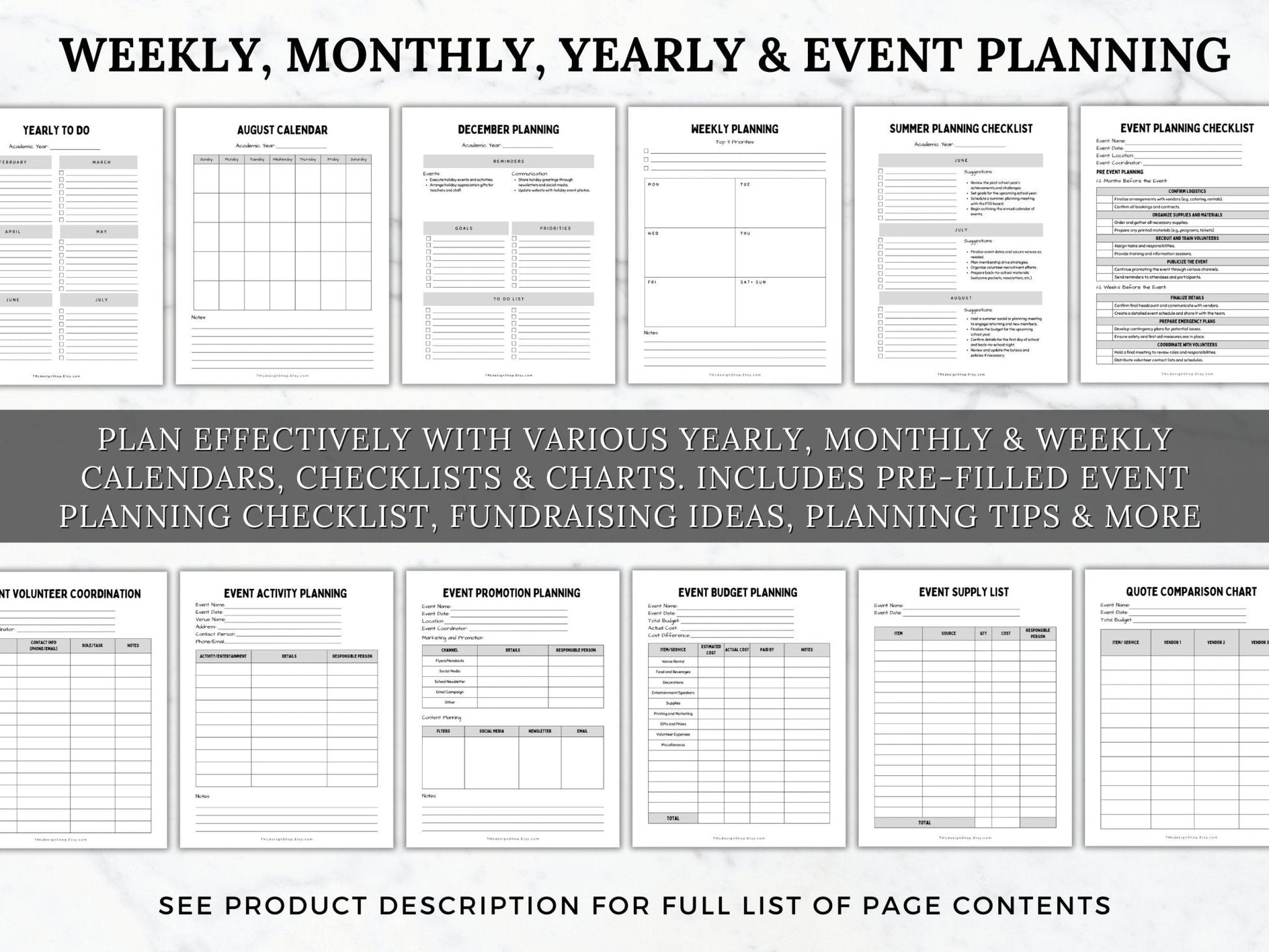 photos of weekly, monthly, yearly and event planning pages within this PTO PTA President Planner. Shows weekly and monthly calendars, checklists, charts, event planning checklists, fundraising ideas, planning tips and more for PTO and PTA