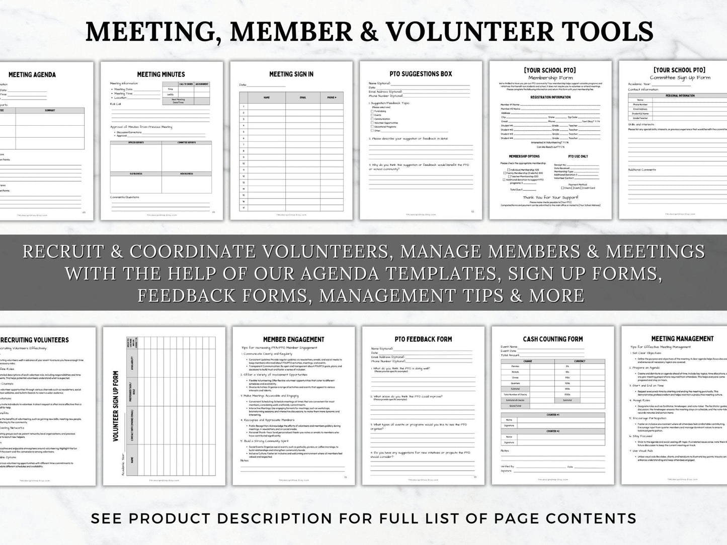 meeting, member and volunteer tool pages shown. Sheets to help recruit and coordinate volunteers, manage members and meetings with meeting agenda templates, sign up forms, PTO PTA feedback forms, management tips and more within this PTO PTA Leader planner template printable 