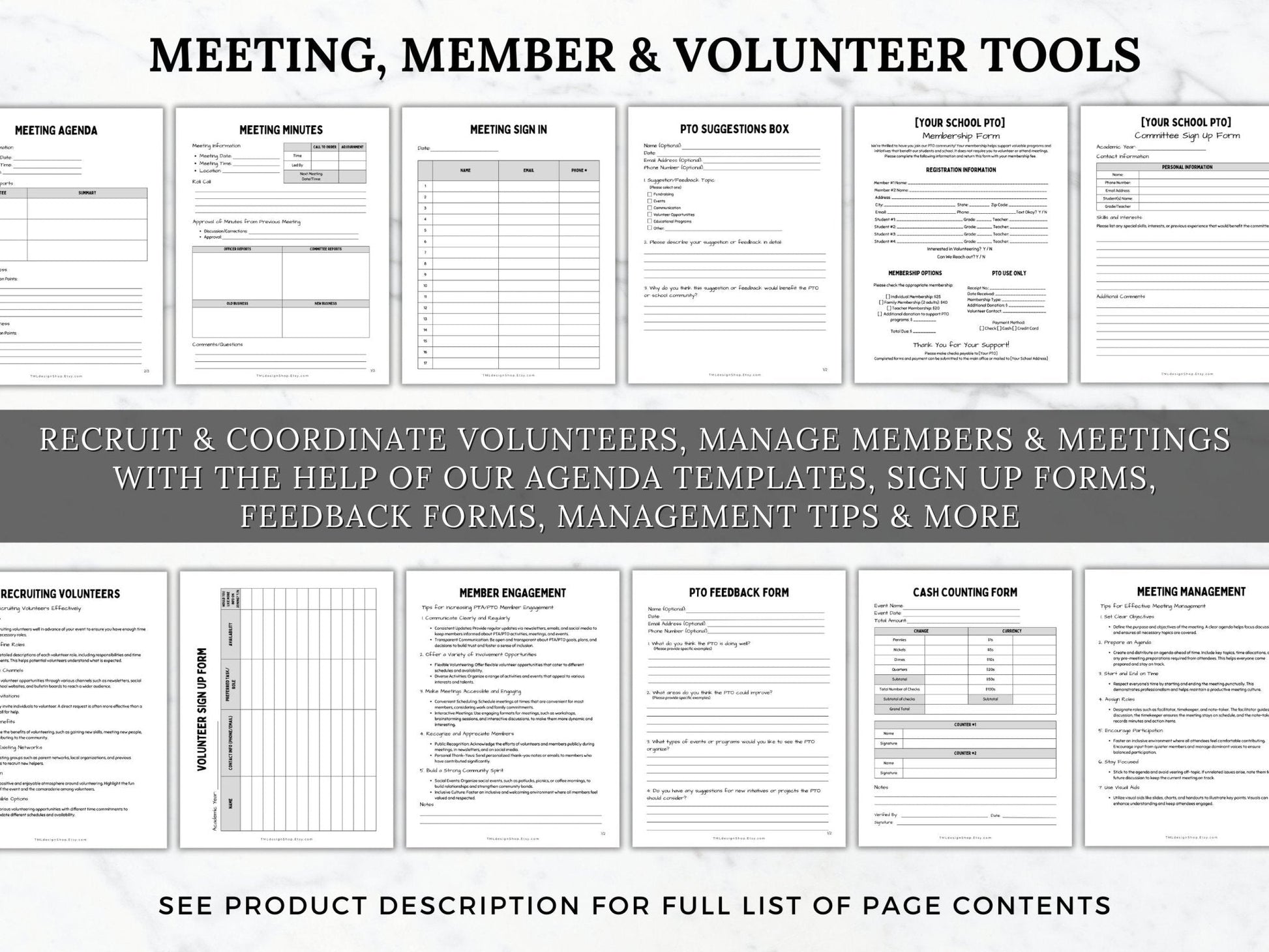 meeting, member and volunteer tool pages shown. Sheets to help recruit and coordinate volunteers, manage members and meetings with meeting agenda templates, sign up forms, PTO PTA feedback forms, management tips and more within this PTO PTA Leader planner template printable 