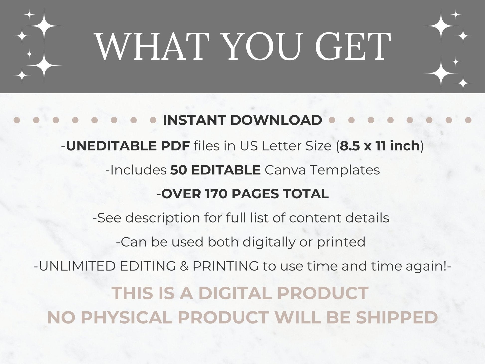 list of what is include with purchase. PTO PTA planner is US Letter size (8.5 x 11 inch) and has over 50 editable canva templates with the PTO Planner being over 170 pages total. Unlimited editing and printing