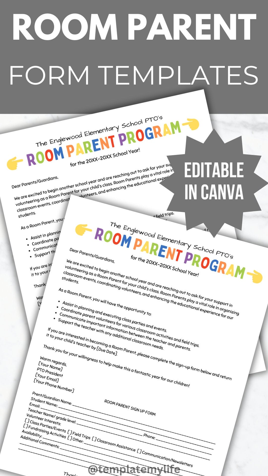 PTA Room Parent Flyer Template PTO Room Parent sign up form editable pta room mom volunteer recruitment letter School class parent sign-up