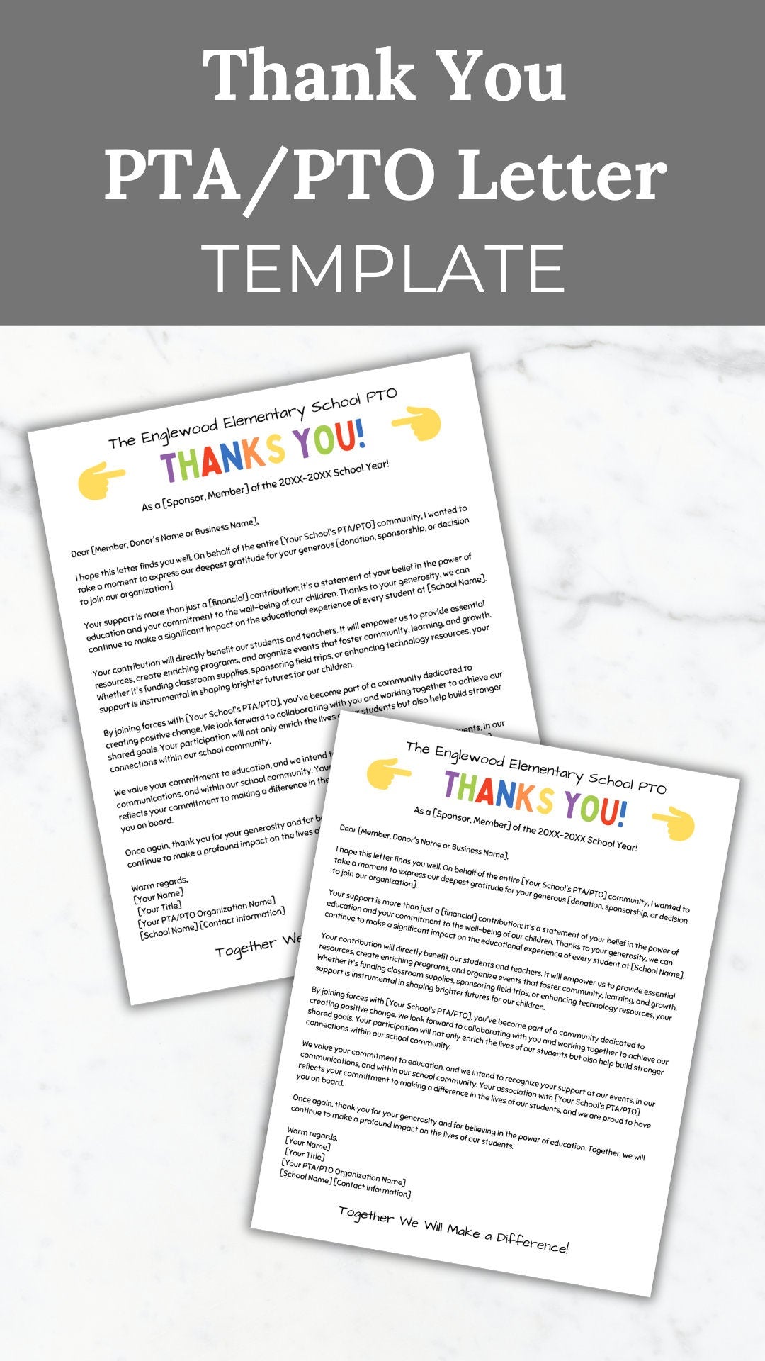 Thank you Letter template PTO Sponsor Thank you PTA Letter Donation appreciation letter handout Editable school sponsorship Pta flyer pto