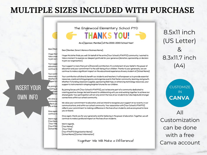 PTO Sponsor Thank You Letter Editable Template - Show Appreciation