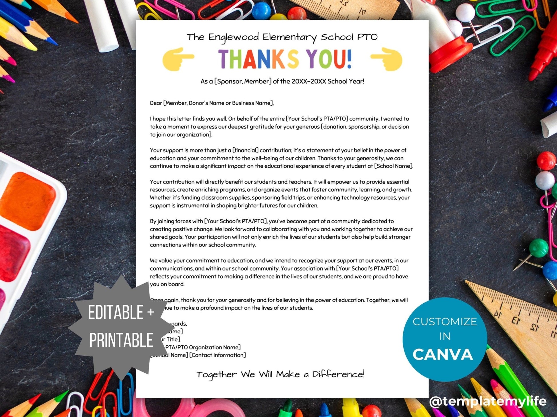 Thank you Letter template PTO Sponsor Thank you PTA Letter Donation appreciation letter handout Editable school sponsorship Pta flyer pto