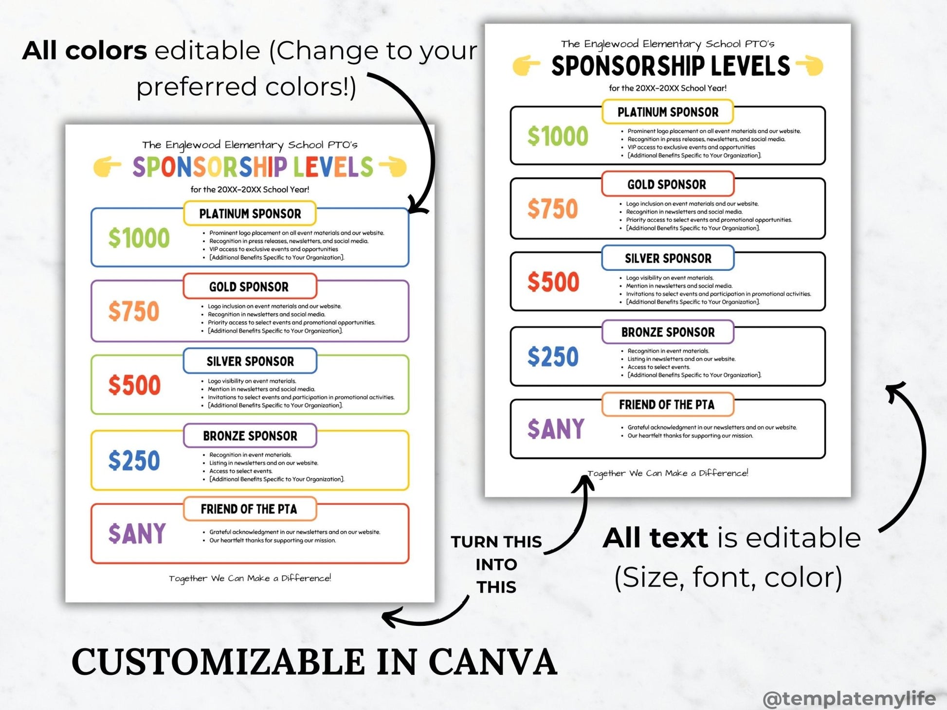 PTA Sponsorship Level Flyer Printable PTO Sponsorship level editable template pta sponsorship template School sponsor flyer pta donation