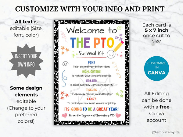 Pto Design Card PTO Survival Kit Gift Bag Template - Printable Welcome Gift for Members ...