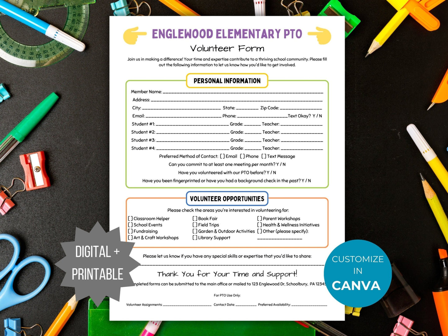 PTA Volunteer sign up form PTO parent volunteer sign up template pto volunteer form printable pta sign up sheet pto form handout pta binder