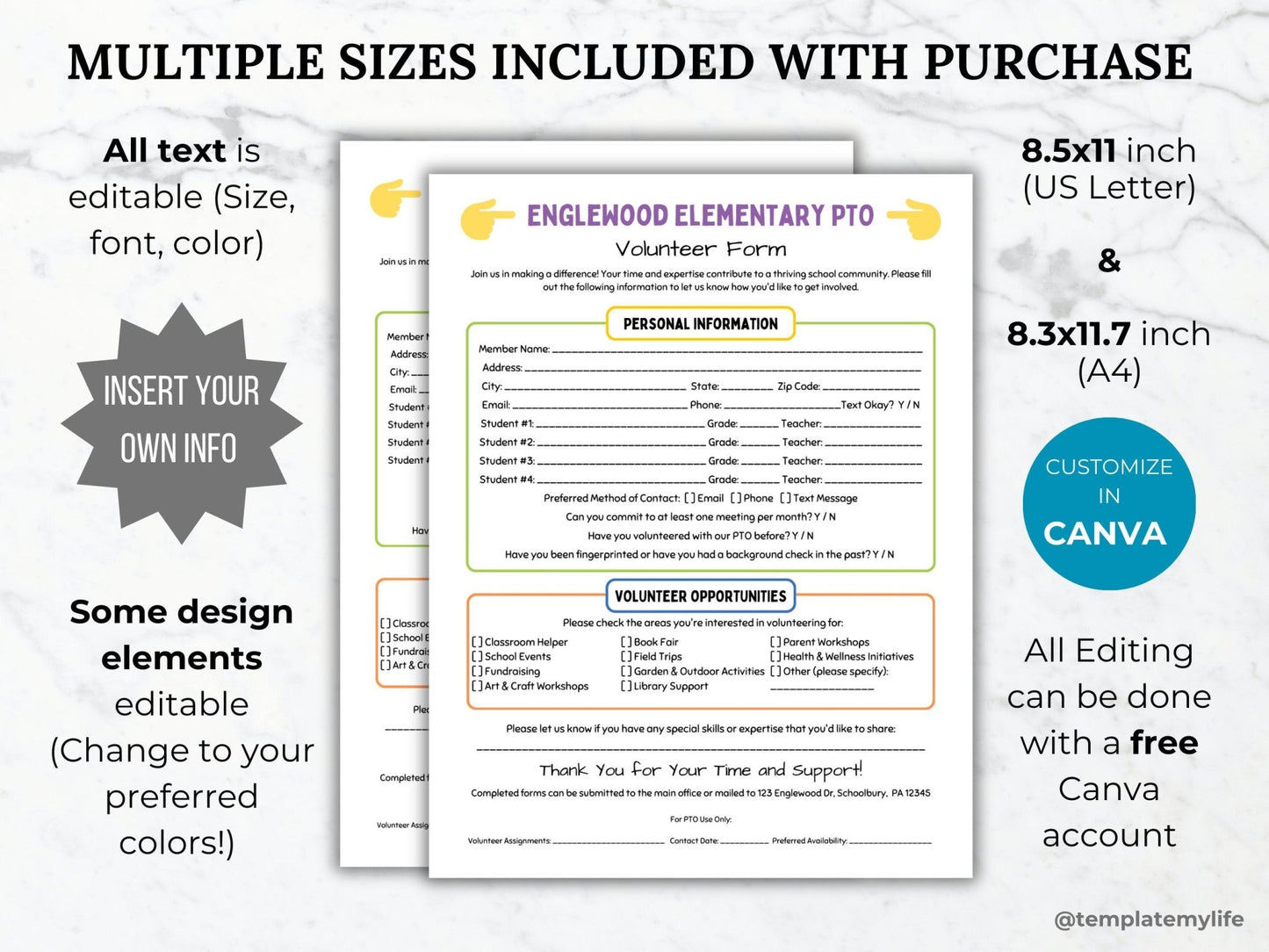 PTA Volunteer sign up form PTO parent volunteer sign up template pto volunteer form printable pta sign up sheet pto form handout pta binder