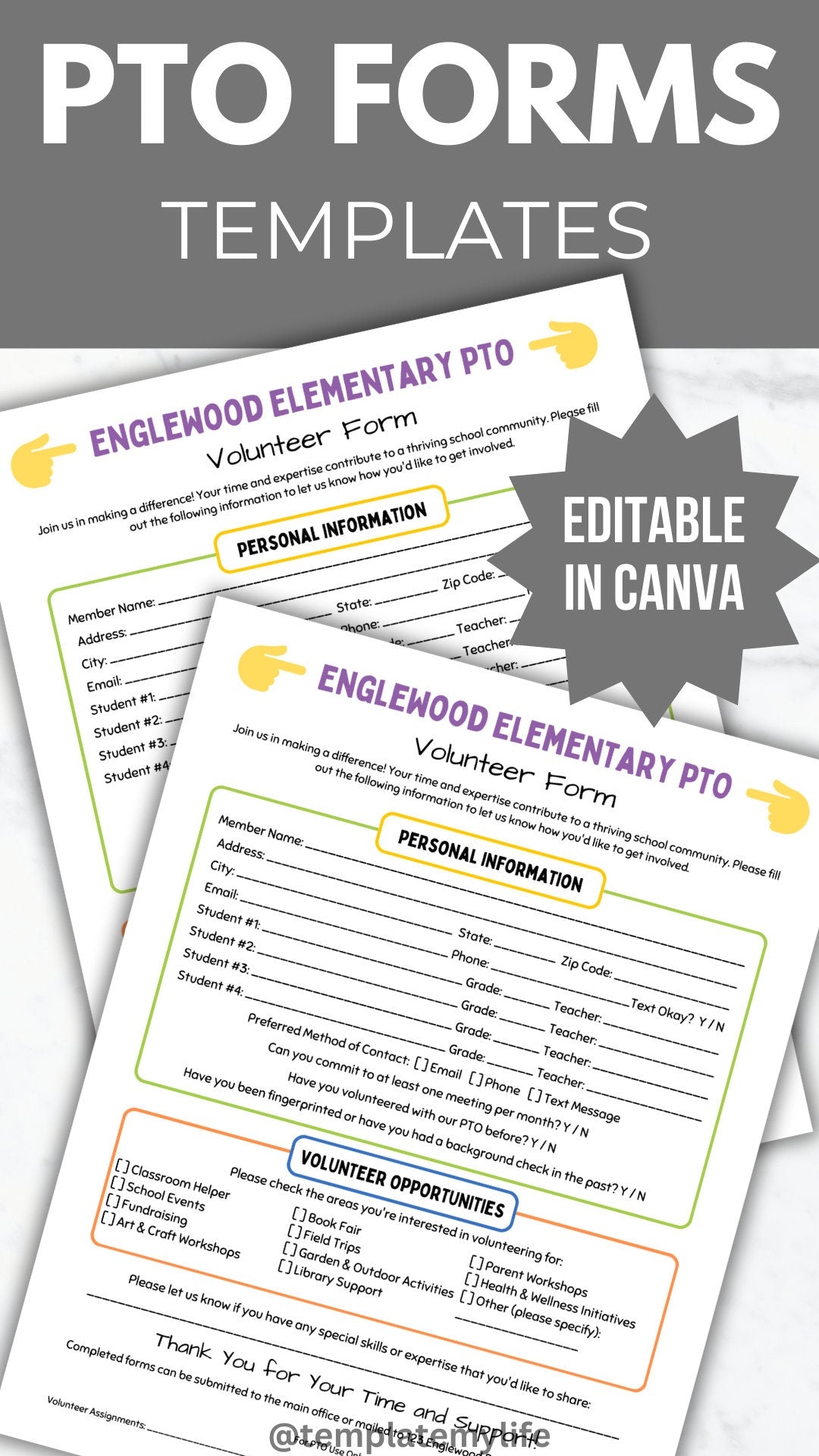 PTA Volunteer sign up form PTO parent volunteer sign up template pto volunteer form printable pta sign up sheet pto form handout pta binder