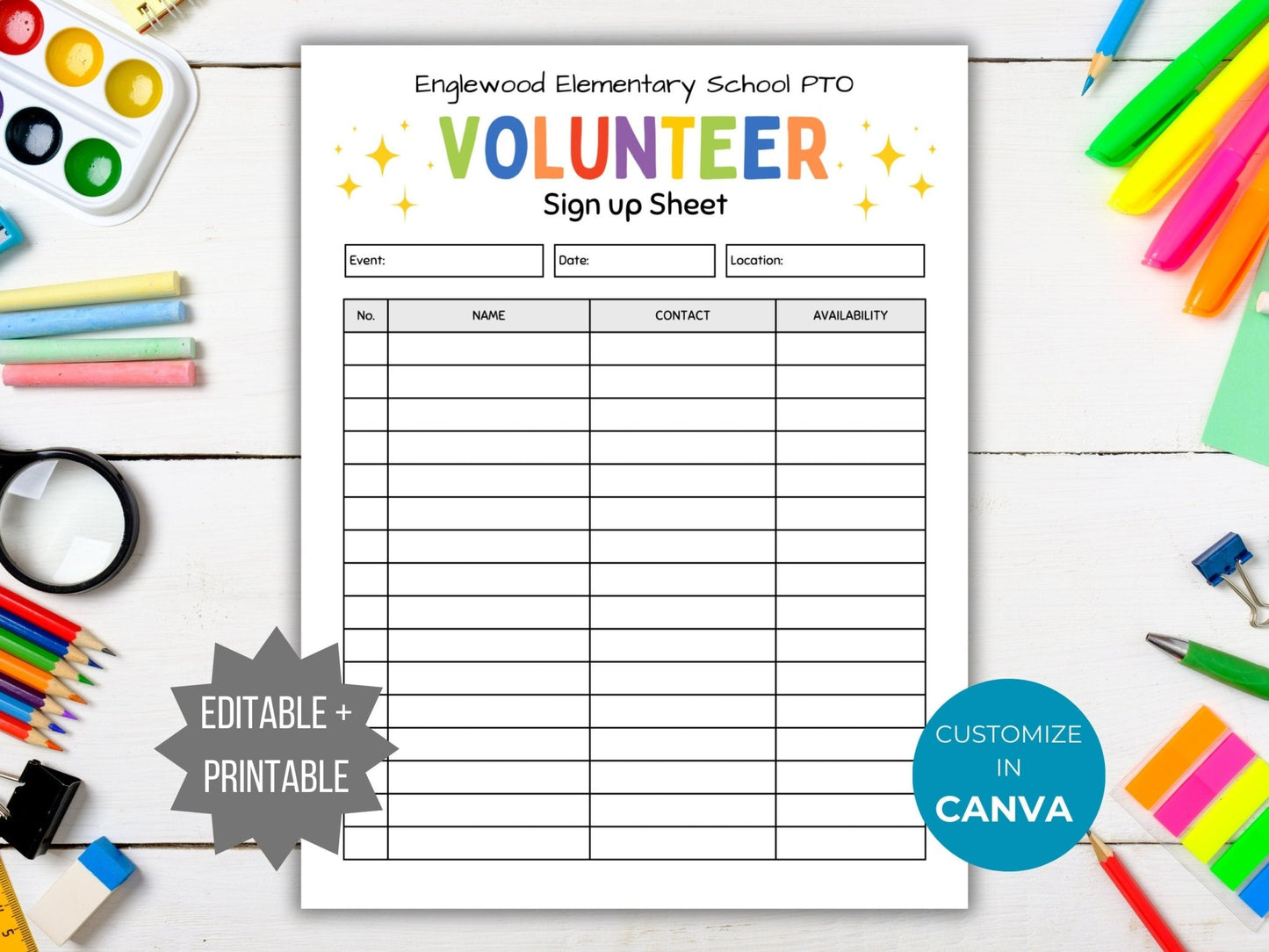 PTA Sign Up Sheet Template PTO Sign up sheet printable school event volunteer sign up editable pta event sign in teacher volunteer pto flyer