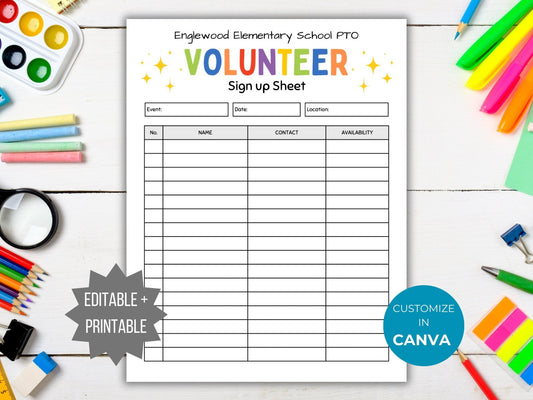 PTA Sign Up Sheet Template PTO Sign up sheet printable school event volunteer sign up editable pta event sign in teacher volunteer pto flyer