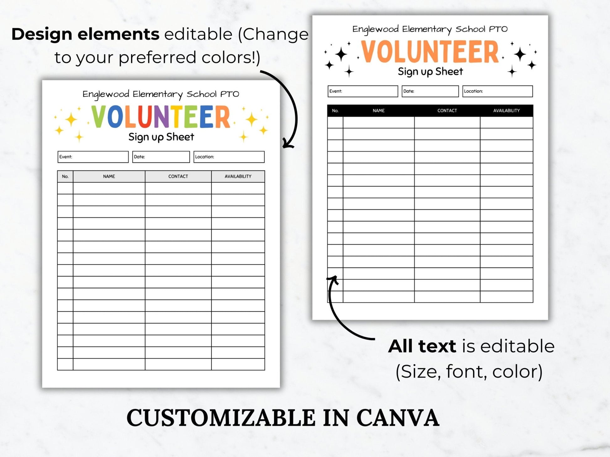 PTA Sign Up Sheet Template PTO Sign up sheet printable school event volunteer sign up editable pta event sign in teacher volunteer pto flyer