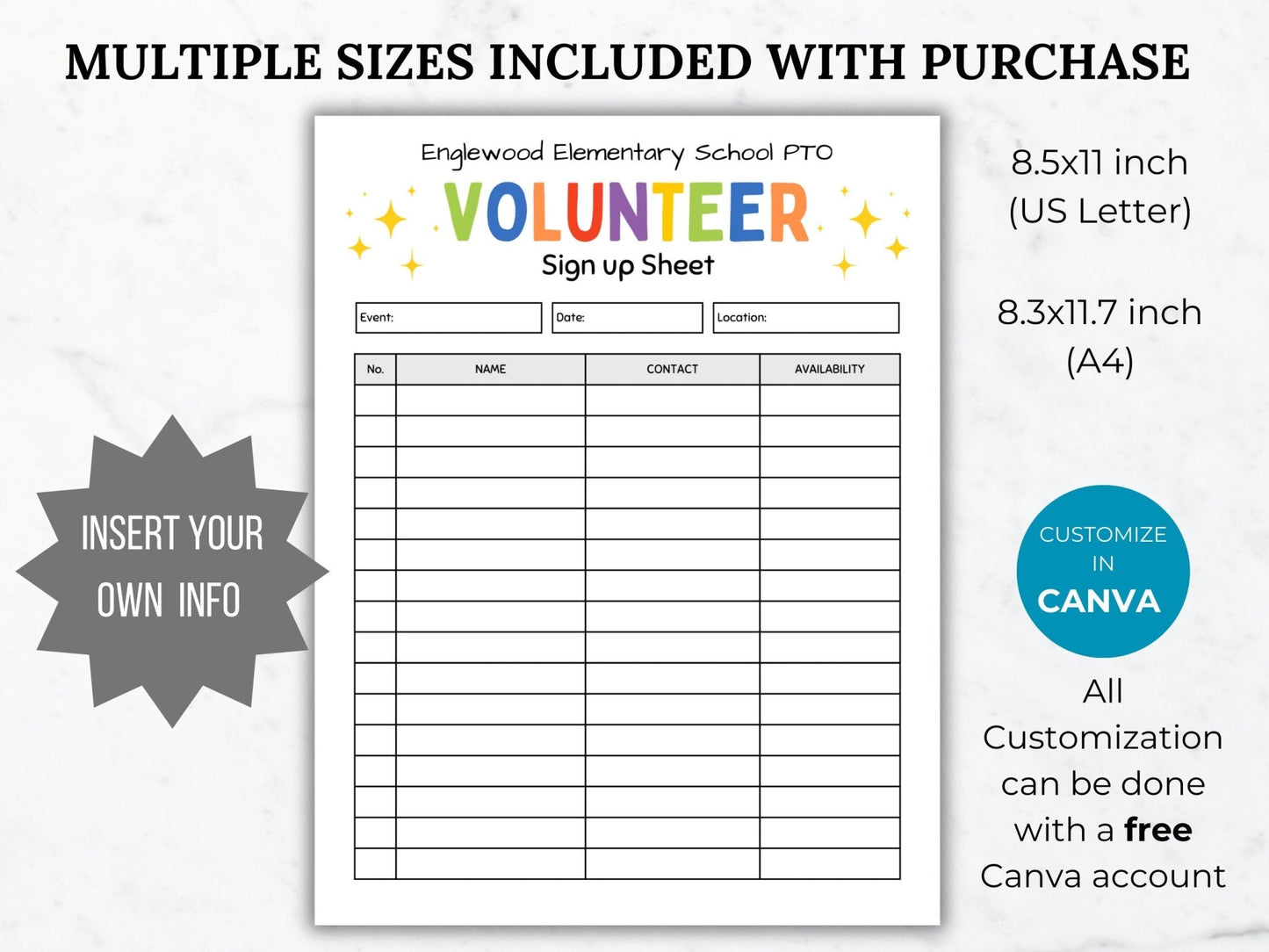 PTA Sign Up Sheet Template PTO Sign up sheet printable school event volunteer sign up editable pta event sign in teacher volunteer pto flyer