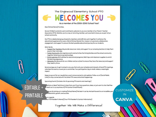 Welcome to the PTA Letter template PTO Welcome letter to parents handout Editable pta welcome back letter Pto flyer pto welcome packet sheet