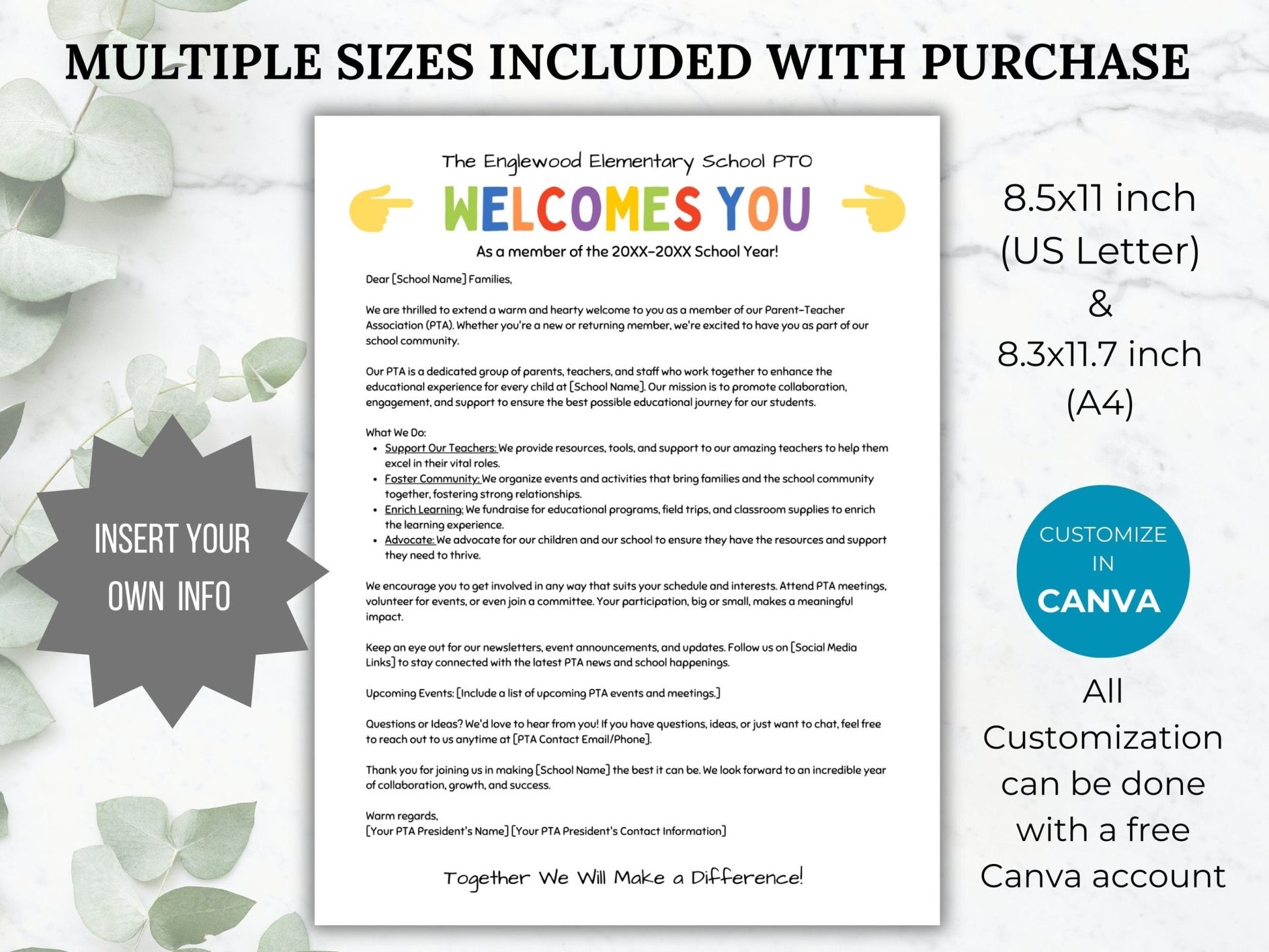 Welcome to the PTA Letter template PTO Welcome letter to parents handout Editable pta welcome back letter Pto flyer pto welcome packet sheet