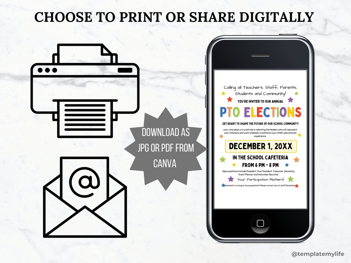 PTO PTA Elections Announcement Flyer showing can be downloaded as JPG or PDF from canva and used printed or digital