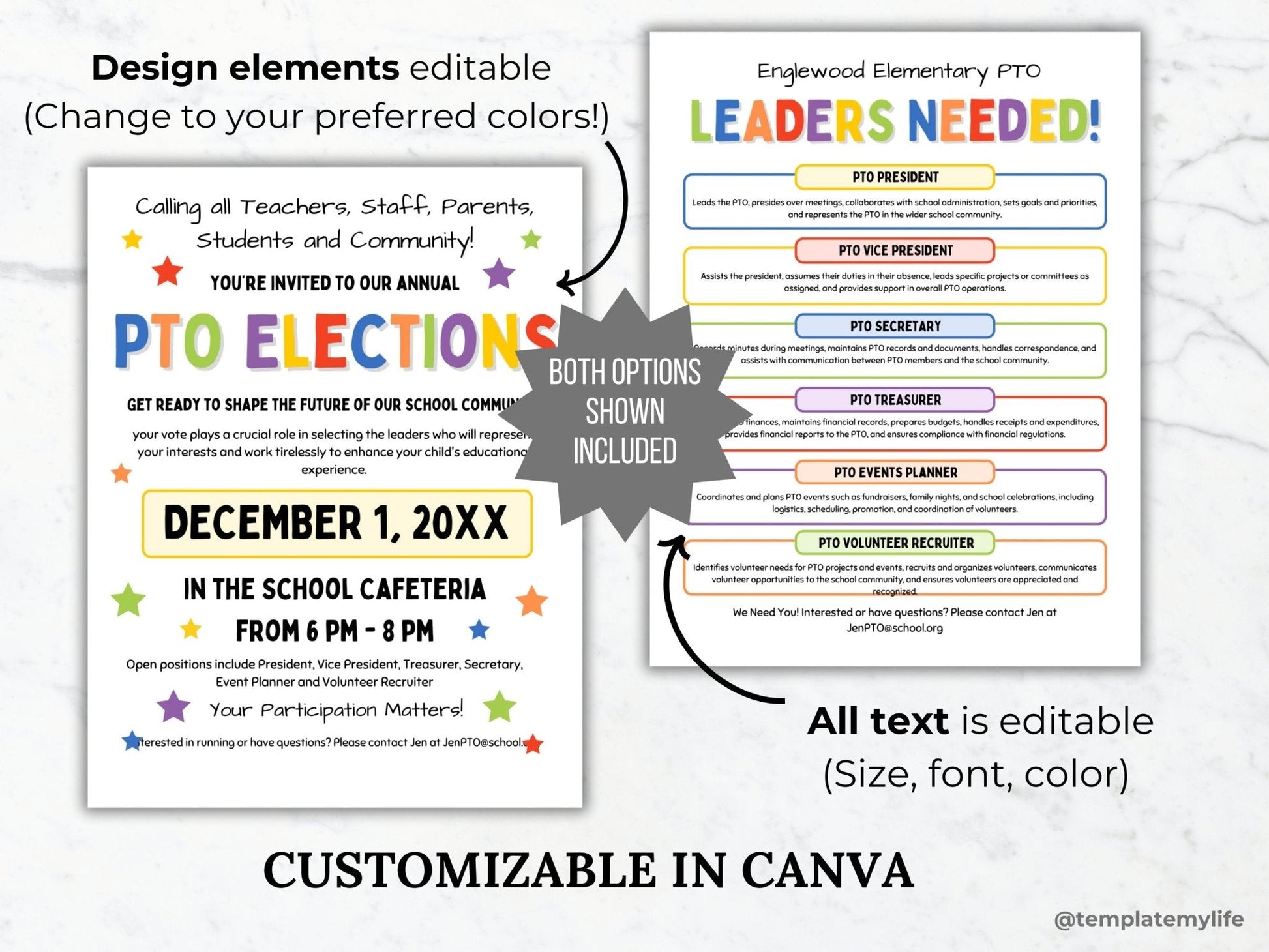 PTO election announcement flyer and Leaders needed flyer shown stating all design elements and text is editable in canva template