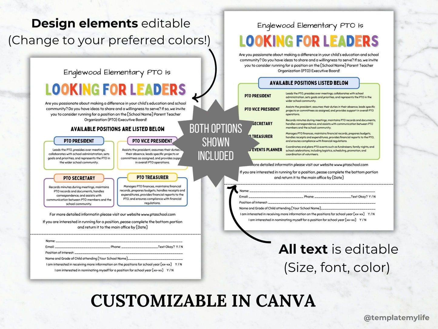 Two forms of Looking for PTO and PTA Leaders flyers shown stating all design elements and text is editable in canva template