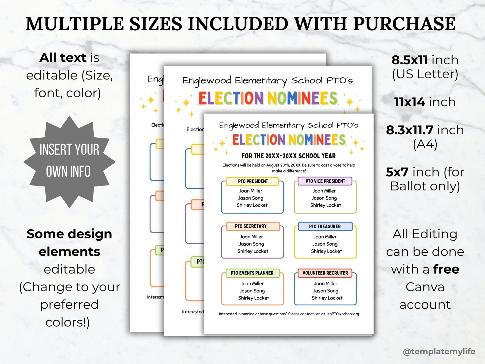 Election Nominees Flyer shown in multiple sizes available US Letter size, 11 x 14 in, A4 size and 5 x 7 in (for ballot only) stating all editing can be done with a free canva account