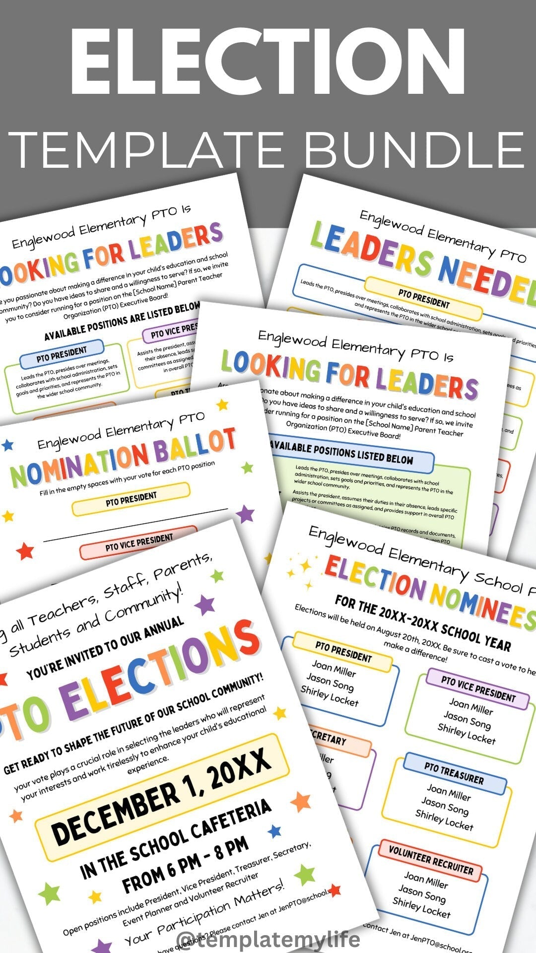 photo of all templates included in PTO and PTA election template bundle: Looking for leaders flyers, leaders needed flyer, election nominees flyer, Election announcement flyer and nomination ballot