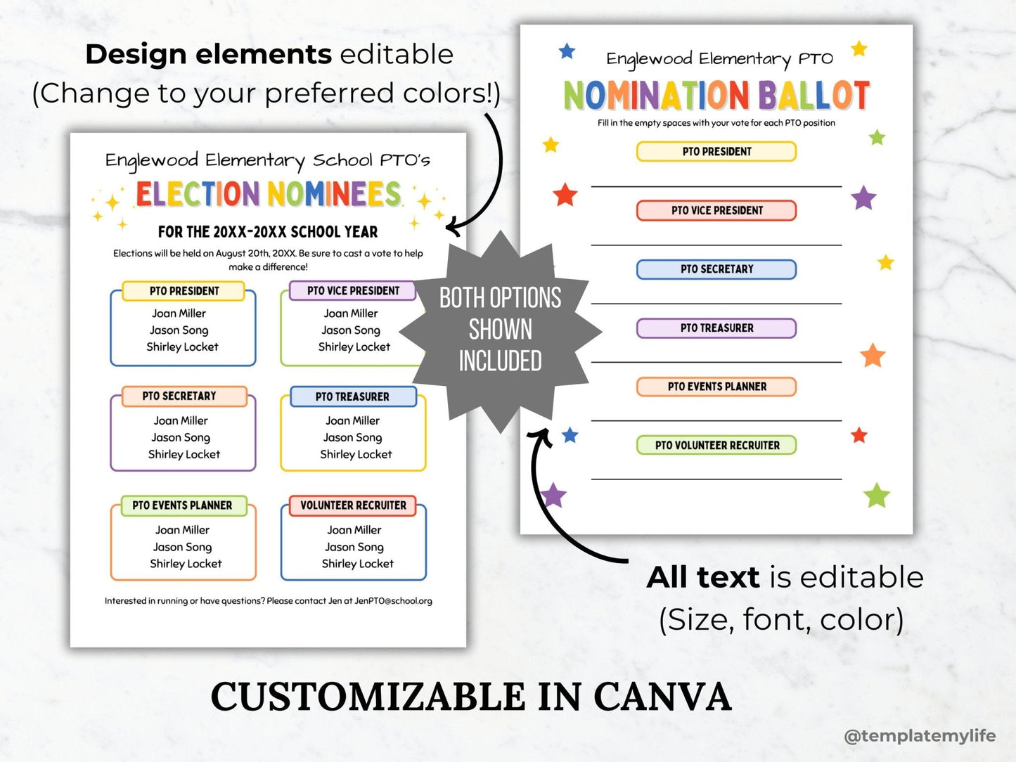 PTO Election nominees flyer and PTA nomination ballot shown stating all design elements and text is editable in canva template