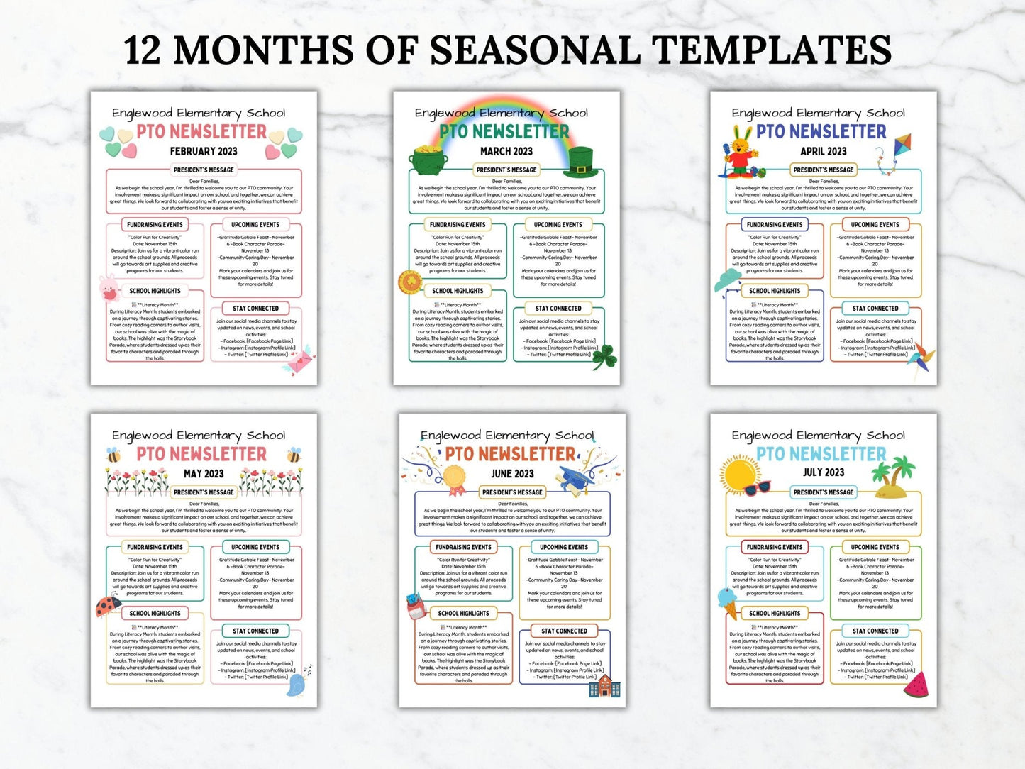 Valentine's Day, St. Patrick's Day, Easter, Spring, Graduation and Summer Seasonal PTA PTO Newsletter flyer templates shown