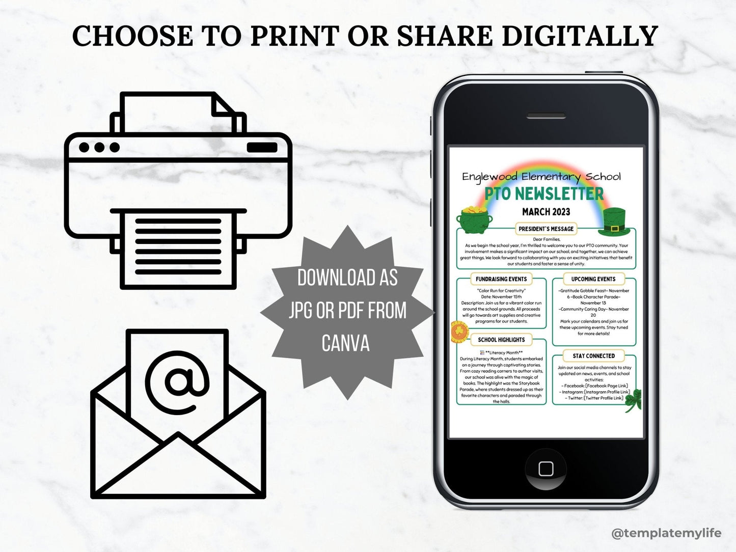 PTO PTA Newsletter flyer template shown can be saved as both JPG and PDF and used either printer or digitally such as with email or on a phone