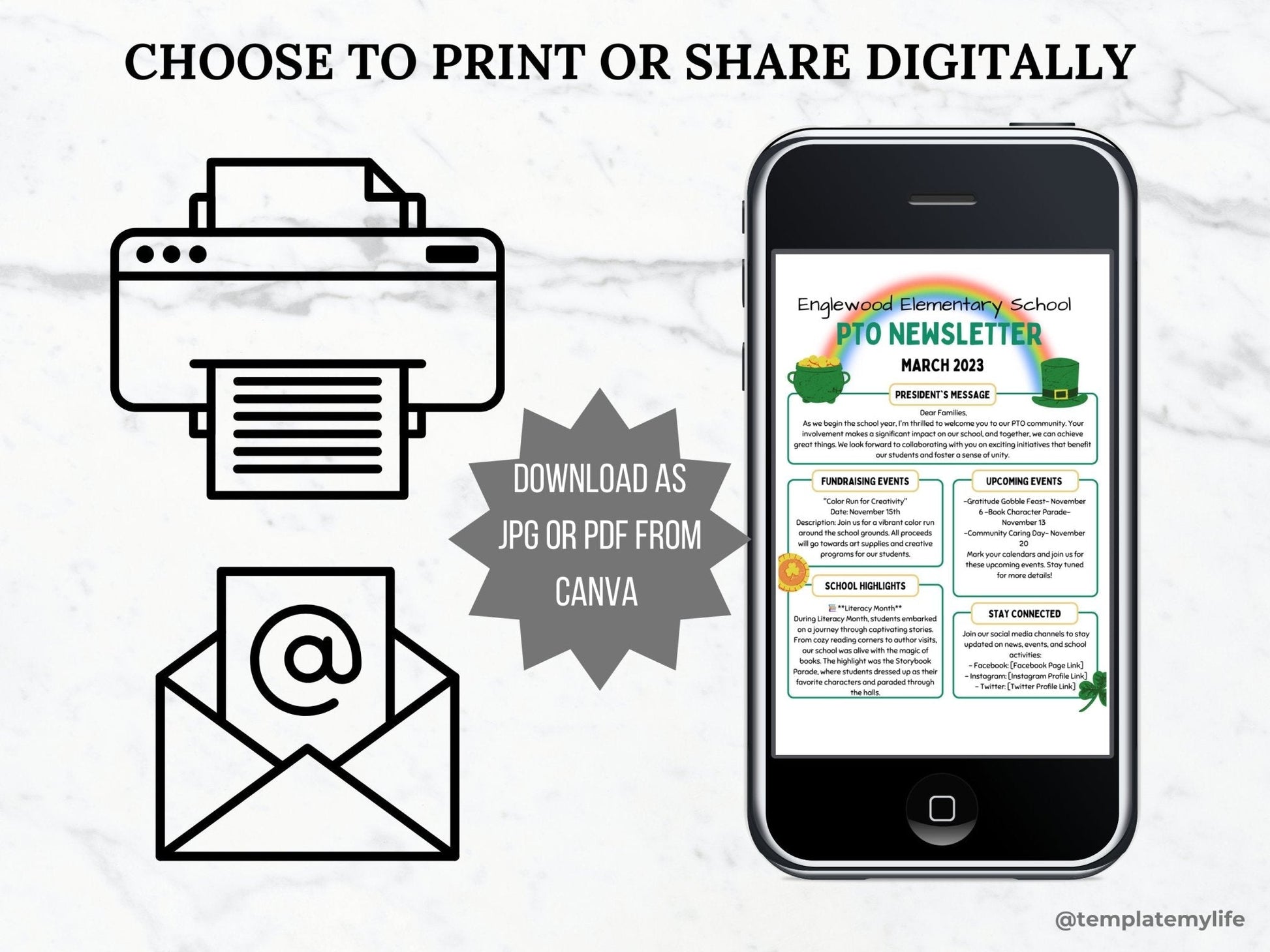 PTO PTA Newsletter flyer template shown can be saved as both JPG and PDF and used either printer or digitally such as with email or on a phone