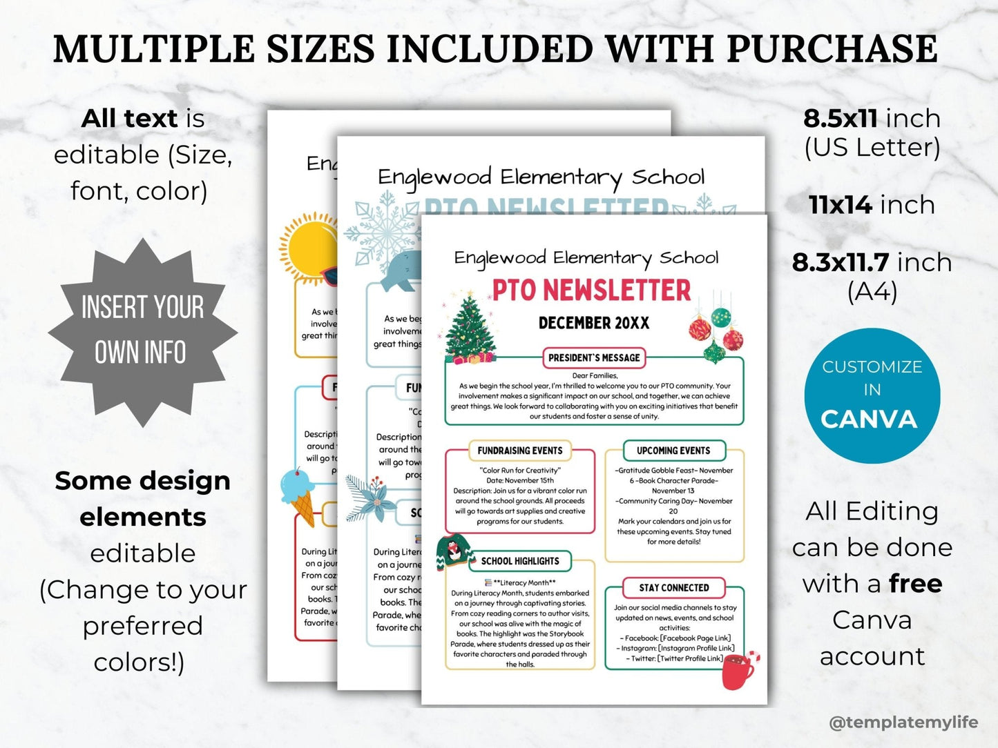 PTO PTA Newsletter templates shown in multiple sizes available such as US Letter size (8.5 x 11 inch), 11 x 14 inch, A4 size and completely customizable with a Free Canva Account