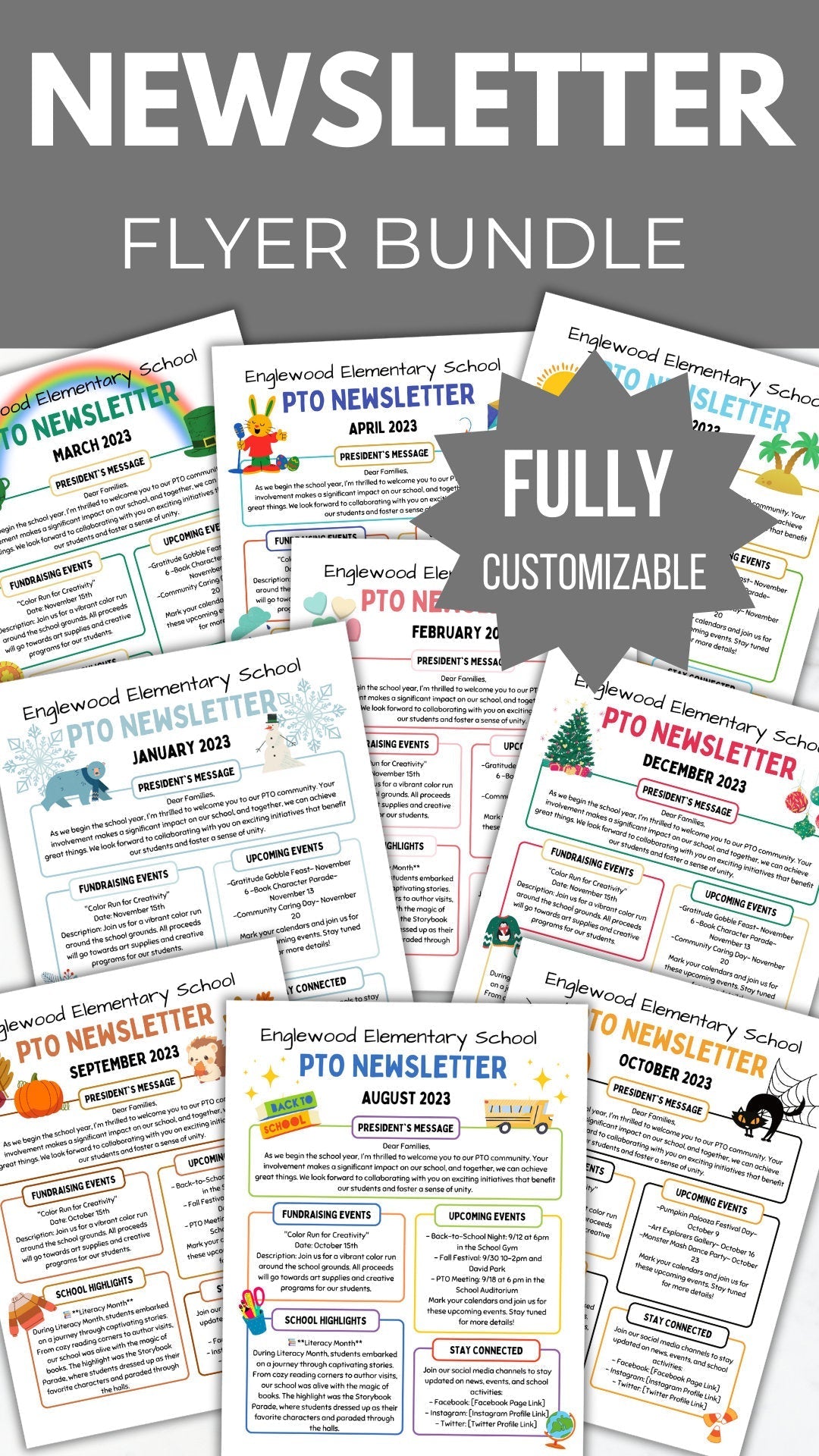 Multiple PTO PTA Seasonal Newsletter designs shown stating that they are a fully customizable bundle