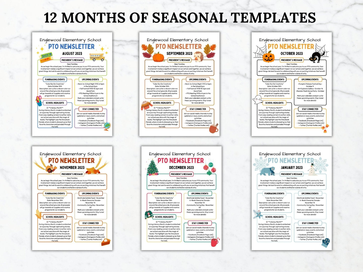 Back to School, Fall, Halloween, Thanksgiving, Christmas and Winter Seasonal PTO PTA Newsletter templates shown