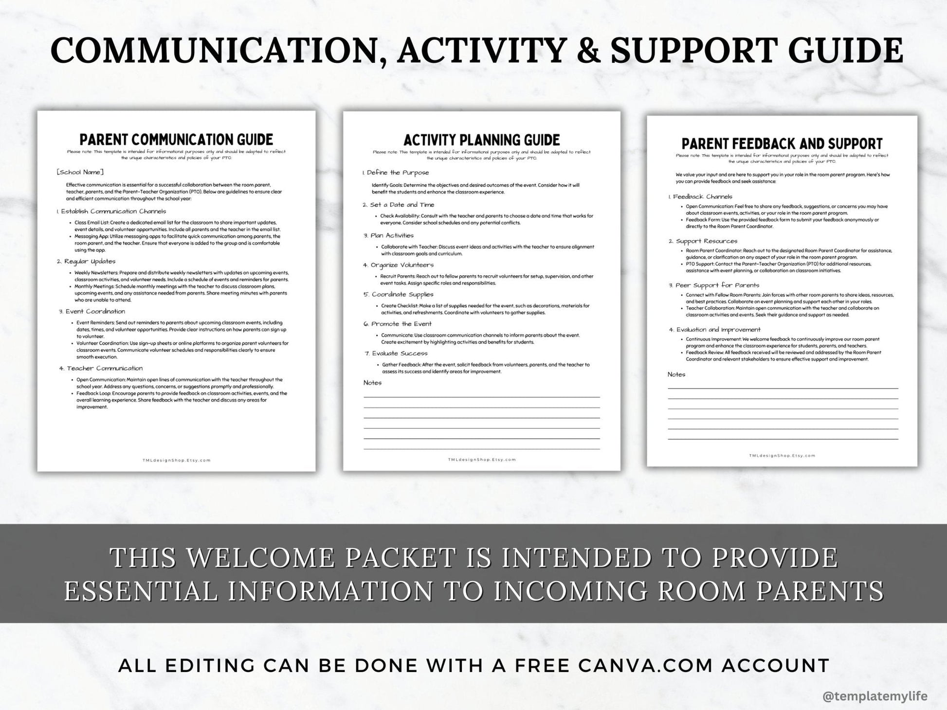 photo of communication guide, activity planning guide and parent feedback and support information included in this PTO PTA room parent welcome packet